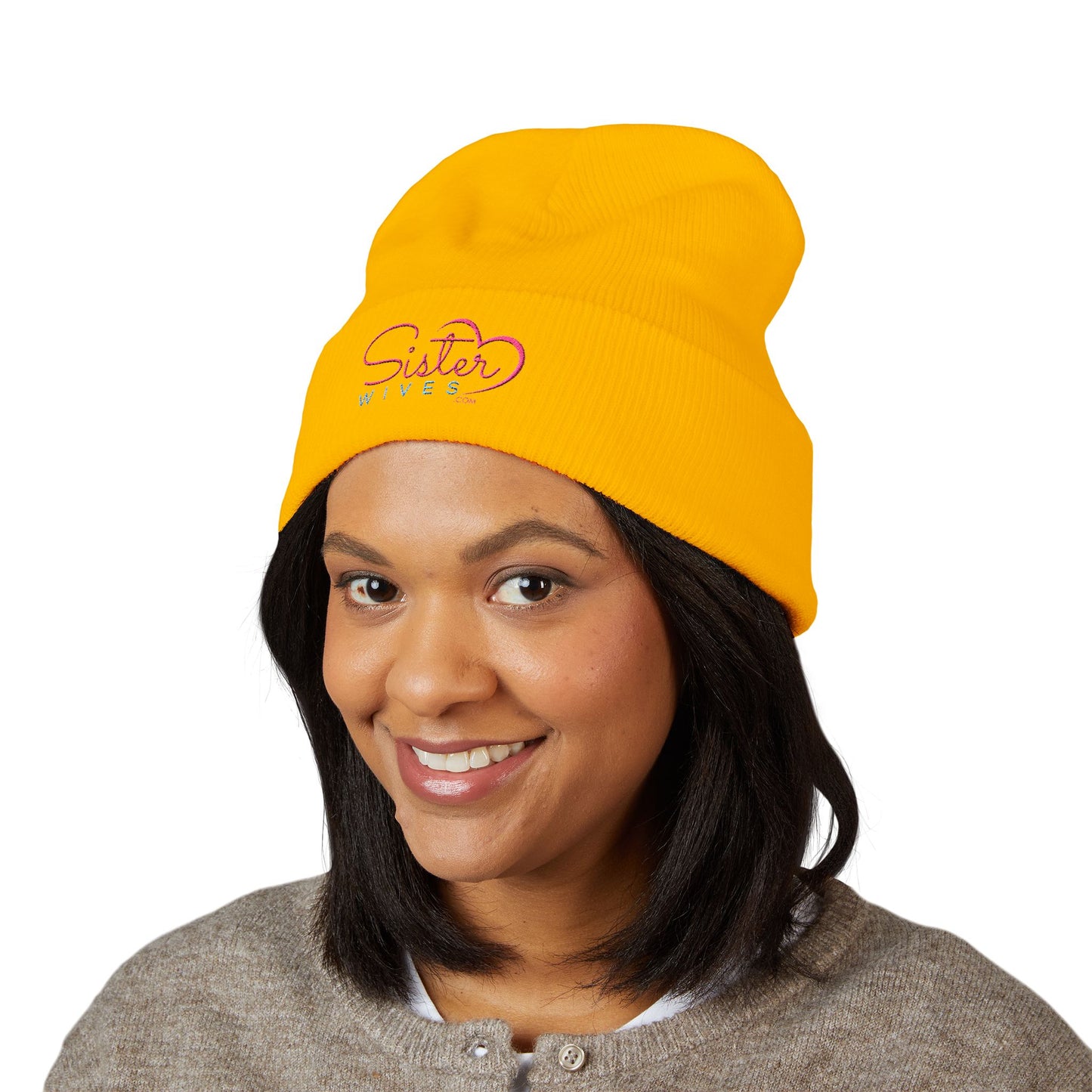 SisterWives Logo Embroidered Cuffed Beanie, Cozy Hat for Family Gatherings, Winter Wear, Holiday Gift, Fashion Accessory