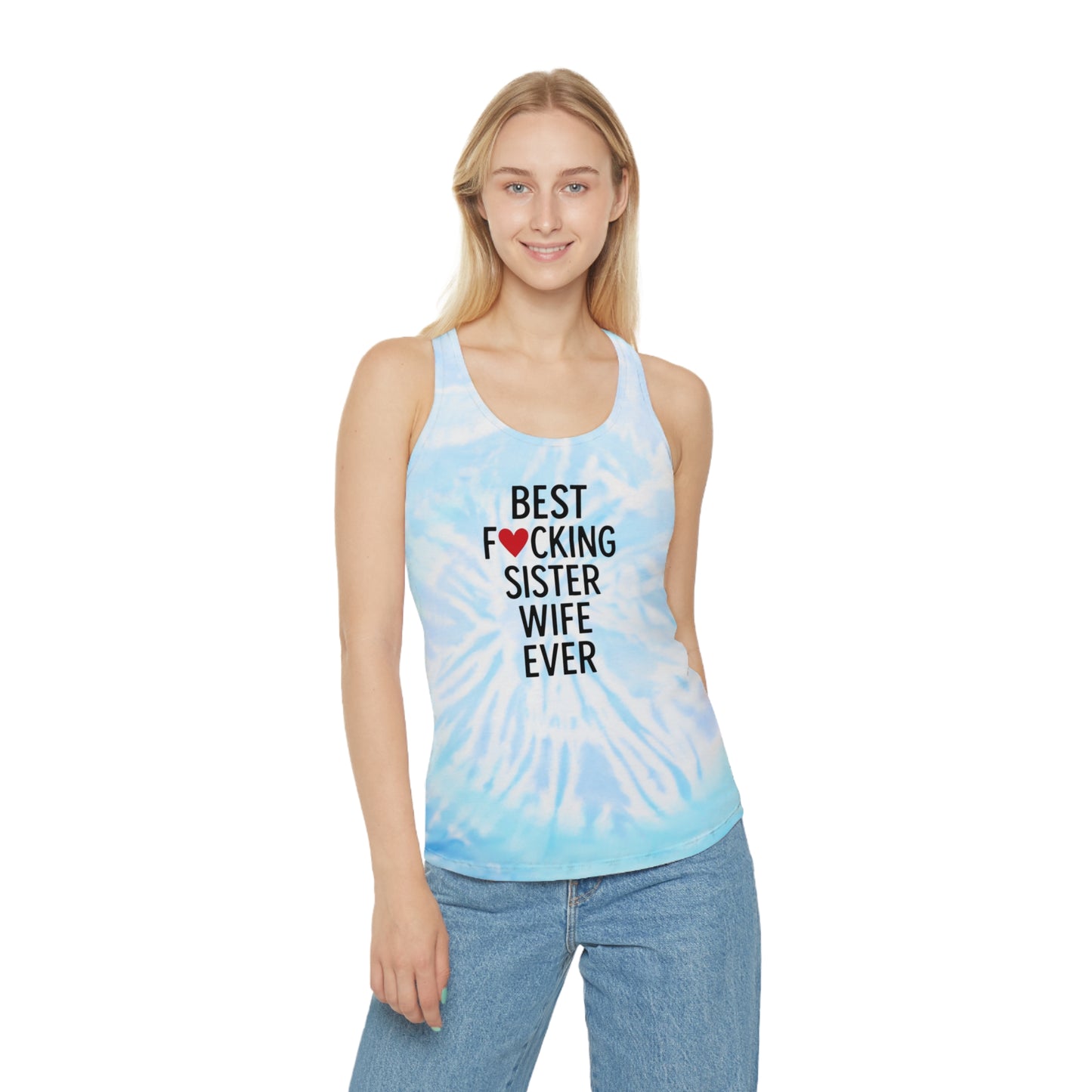Best F*cking Sister Wife Light Blue Tie Dye Racerback Tank Top, Summer Fashion, Beach Wear, Casual Outfit, Festival Attire, Yoga Top