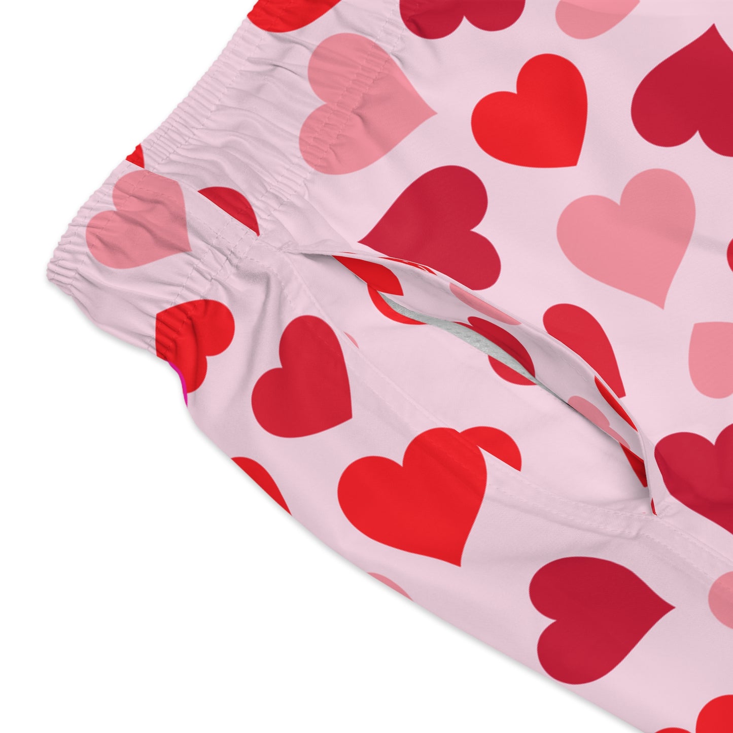 Pink Men’s Valentine’s Heart Swim Trunks – Red Heart Print Board Shorts, Polyamory & ENM Friendly Swimwear, Fast-Dry Summer Shorts