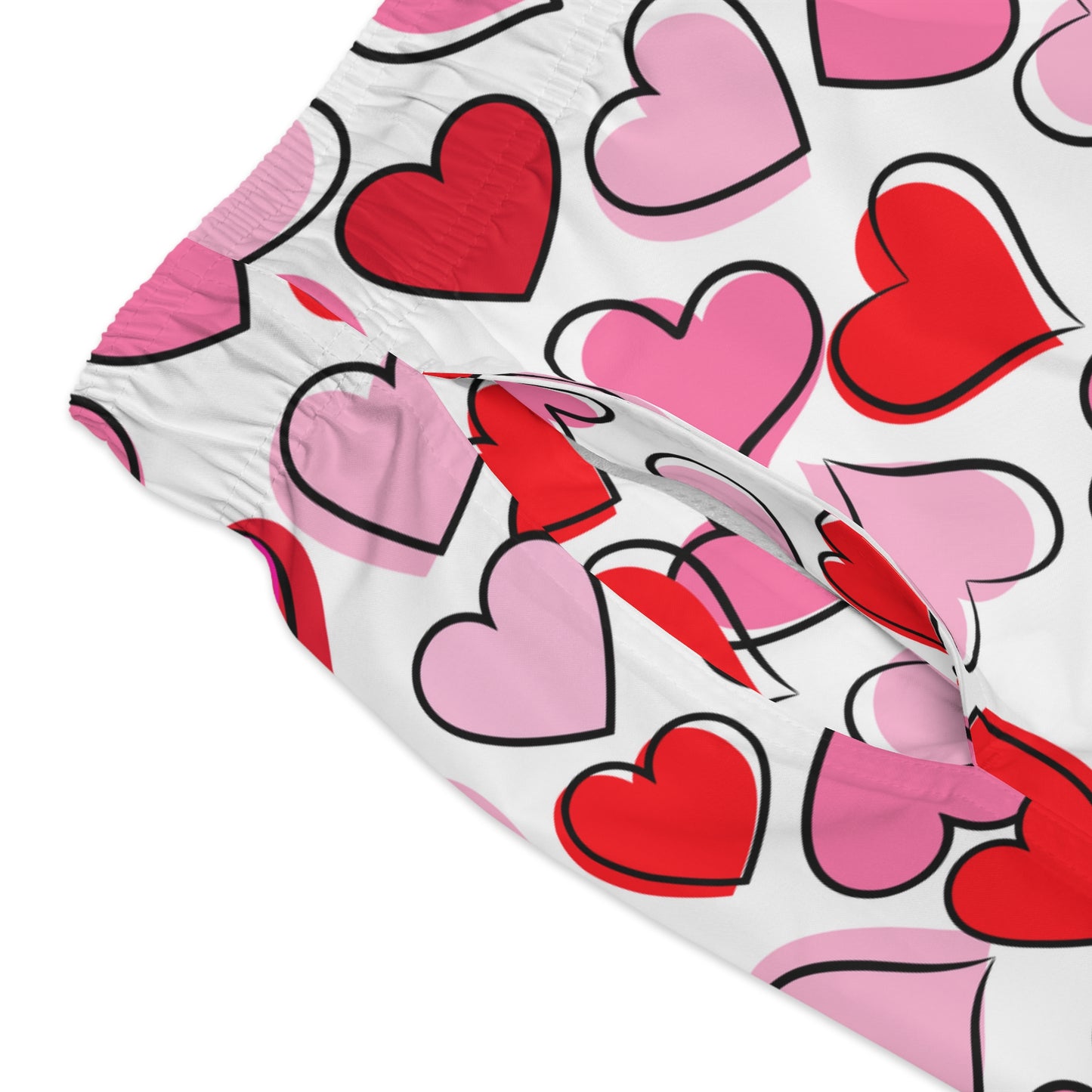 White Men’s Valentine’s Heart Swim Trunks – Red Heart Print Board Shorts, Polyamory & ENM Friendly Swimwear, Fast-Dry Summer Shorts