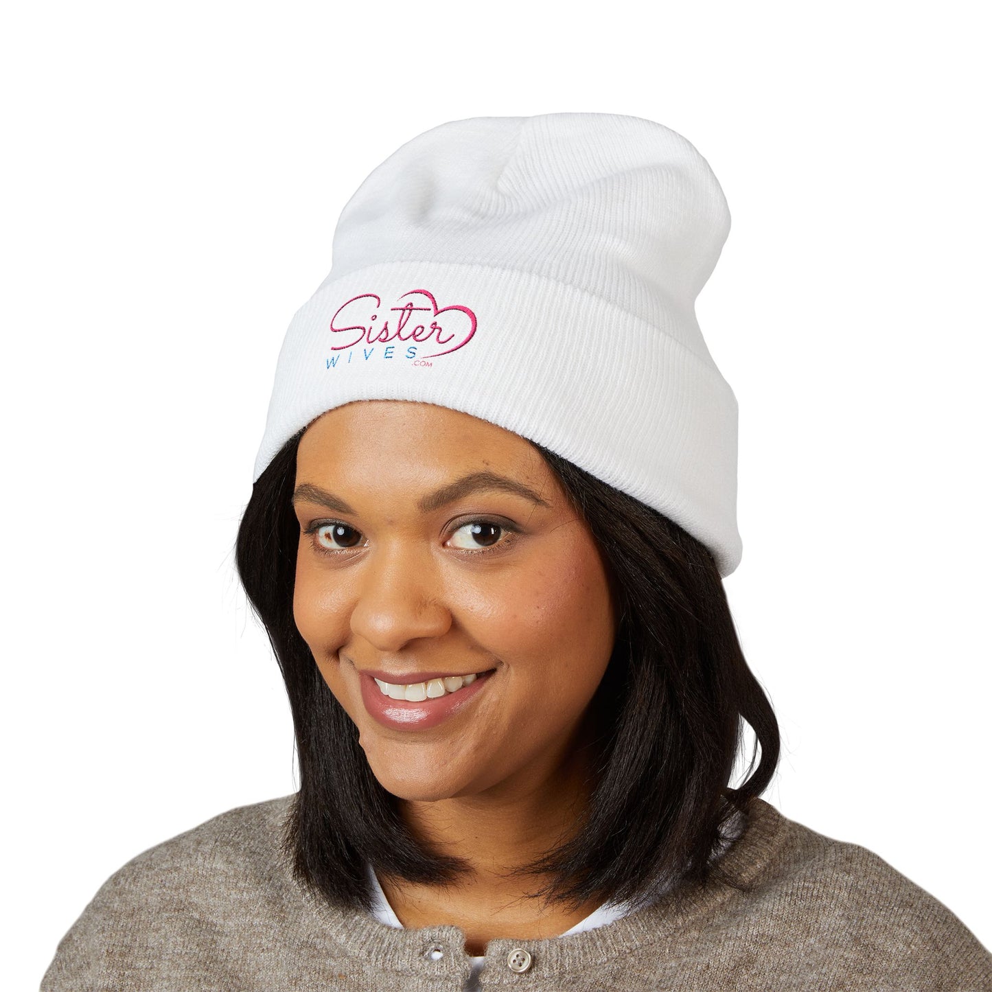 SisterWives Logo Embroidered Cuffed Beanie, Cozy Hat for Family Gatherings, Winter Wear, Holiday Gift, Fashion Accessory