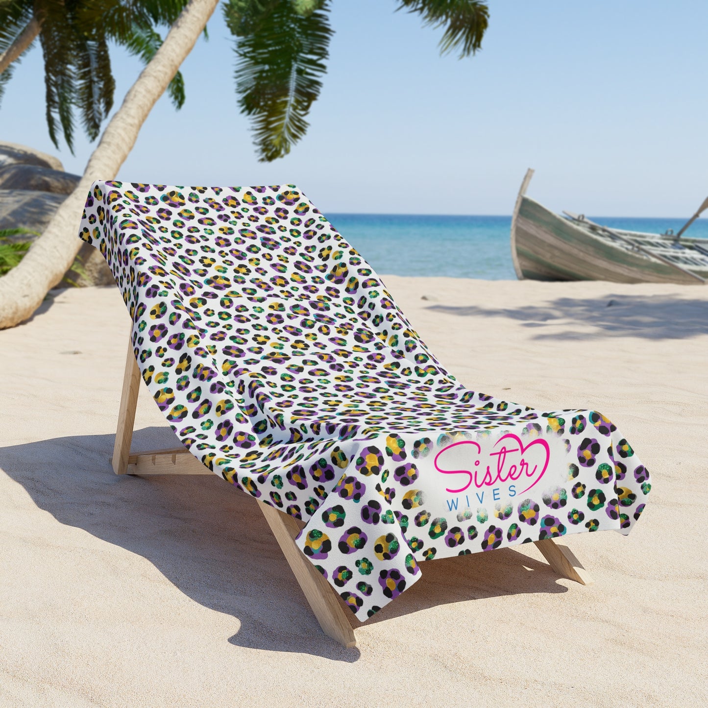 Mardi Gras Cheetah Print Beach Towel | Polyamory ENM Friendly | Matching Couple & Throuple Towel | Festival Cruise Pool & Resort Towel
