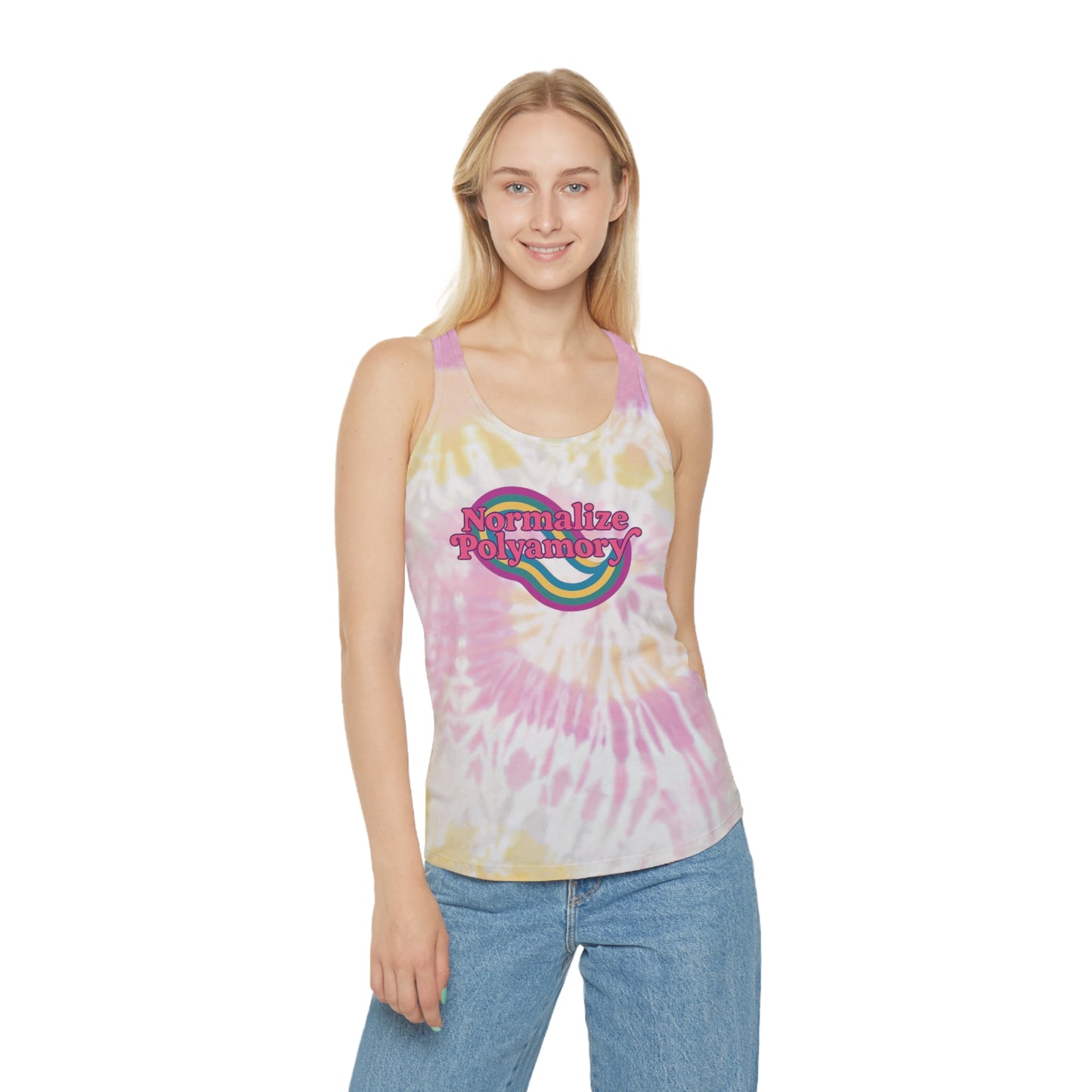 Normalize Polyamory Retro Tie Dye Racerback Tank Top, ethical nonmonogamy, Sisterwives, Polyamory Tank Top