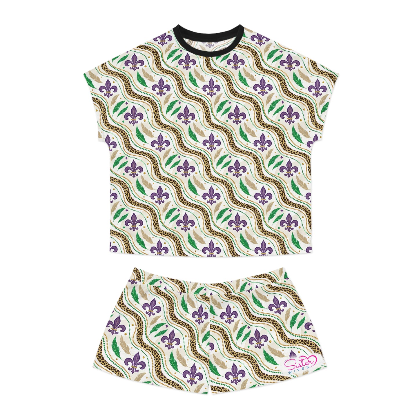Mardi Gras Leopard Print Pajama Set – Animal Print Short Sleeve Sleepwear, Polyamory Friendly ENM Lounge Set, Bold Festival Pajamas