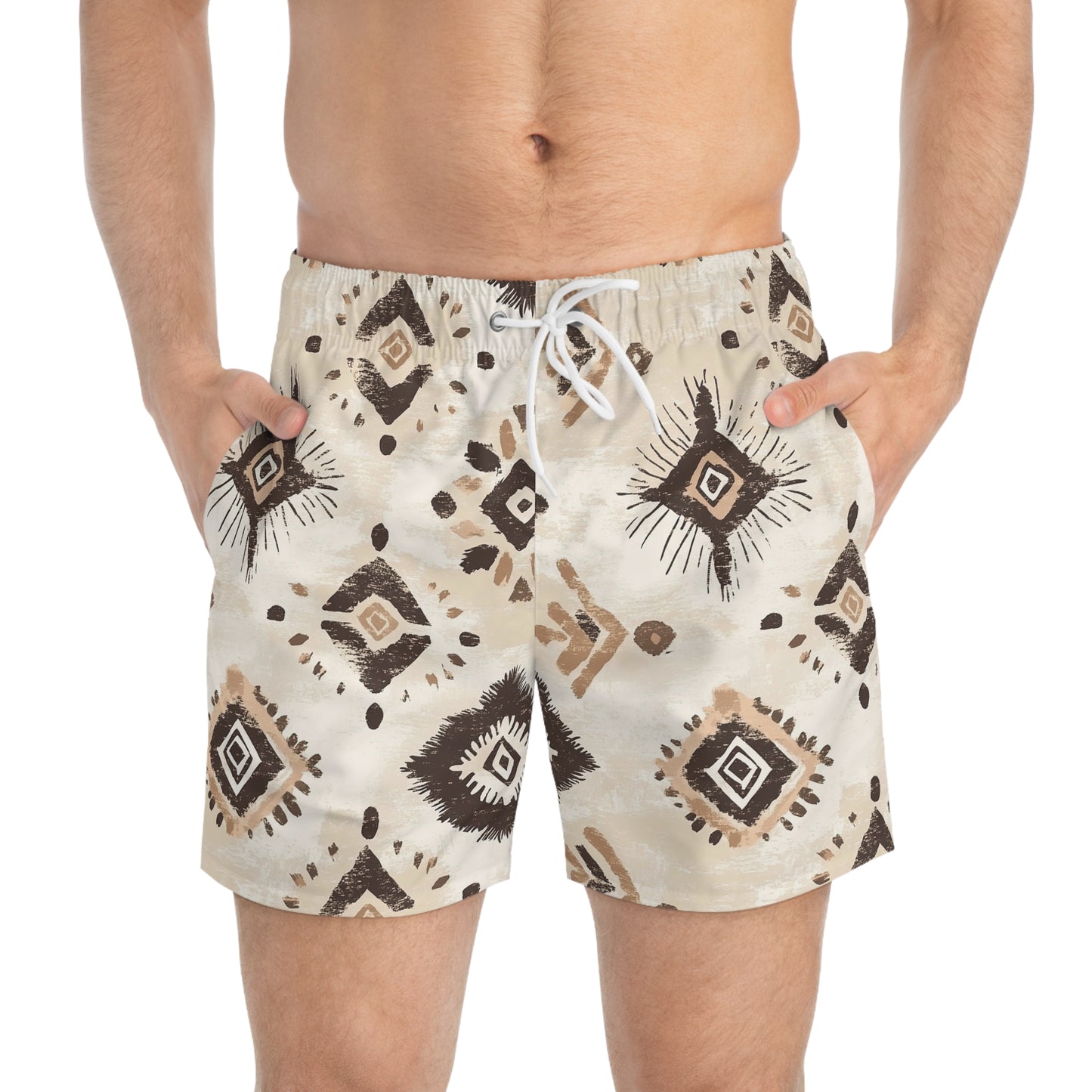 Men’s Boho Abstract Swim Trunks – Neutral Earth Tone Boardshorts | Modern Minimalist Swimwear | Fast-Dry Men’s Swim Shorts