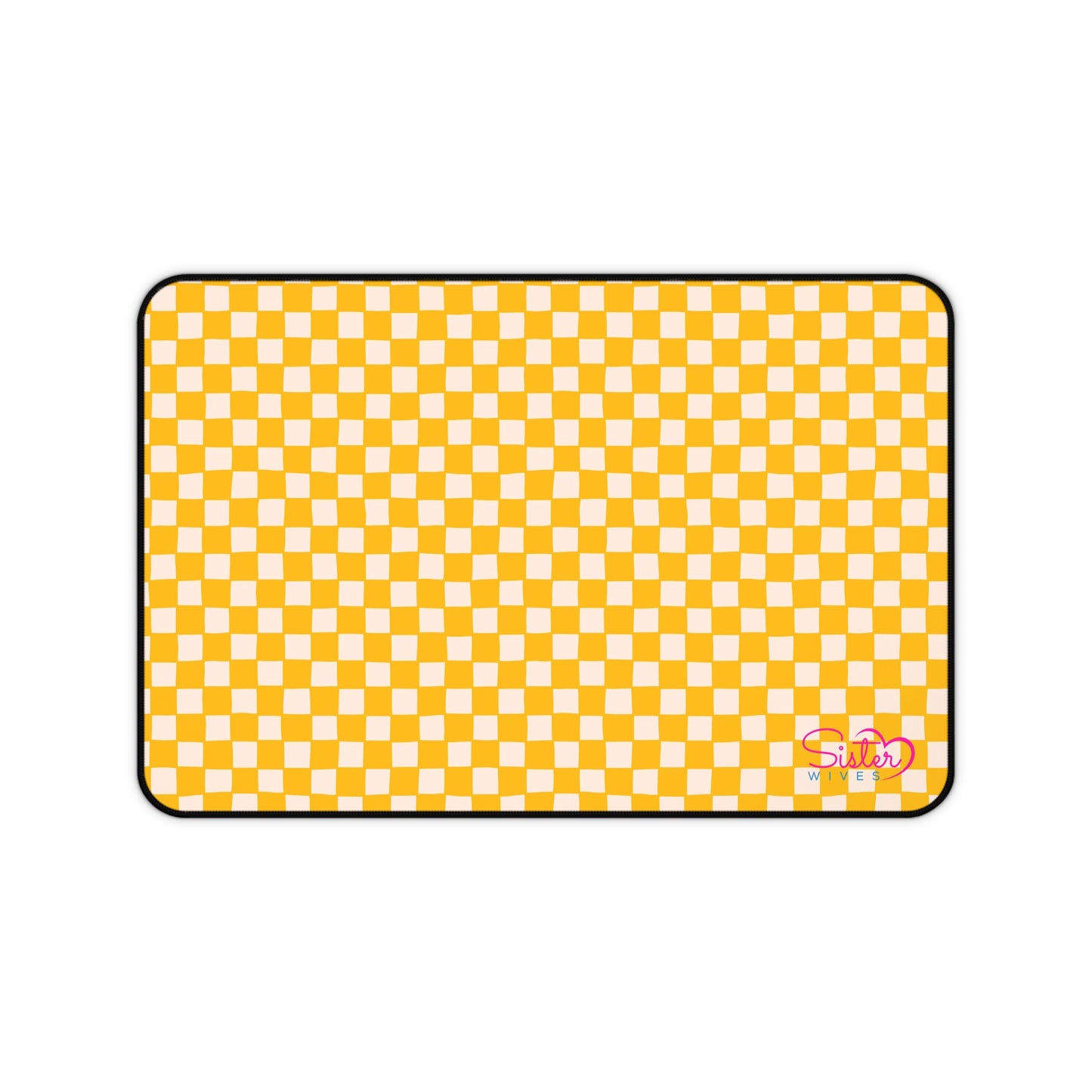 Yellow Checkered Desk Mat – Retro Checkerboard Mouse Pad, Neoprene Extended Desk Mat, Polyamory Friendly Office Decor, Love-Positive Workspace Accessory