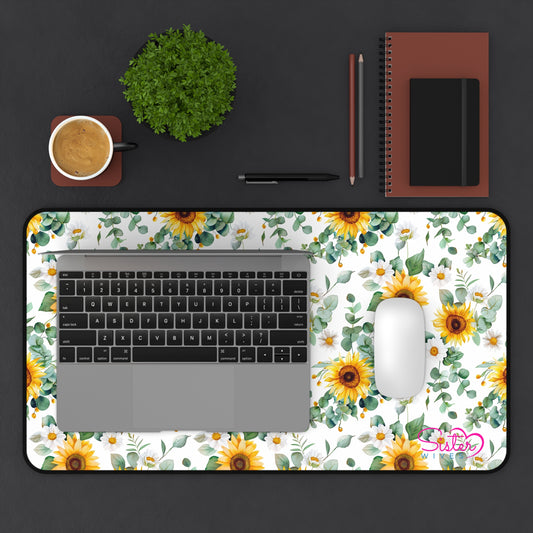 White Sunflower Desk Mat – Floral Mouse Pad, Neoprene Extended Desk Mat, Cottagecore Office Decor, Polyamory Friendly Workspace, Love Positive Desk Accessory