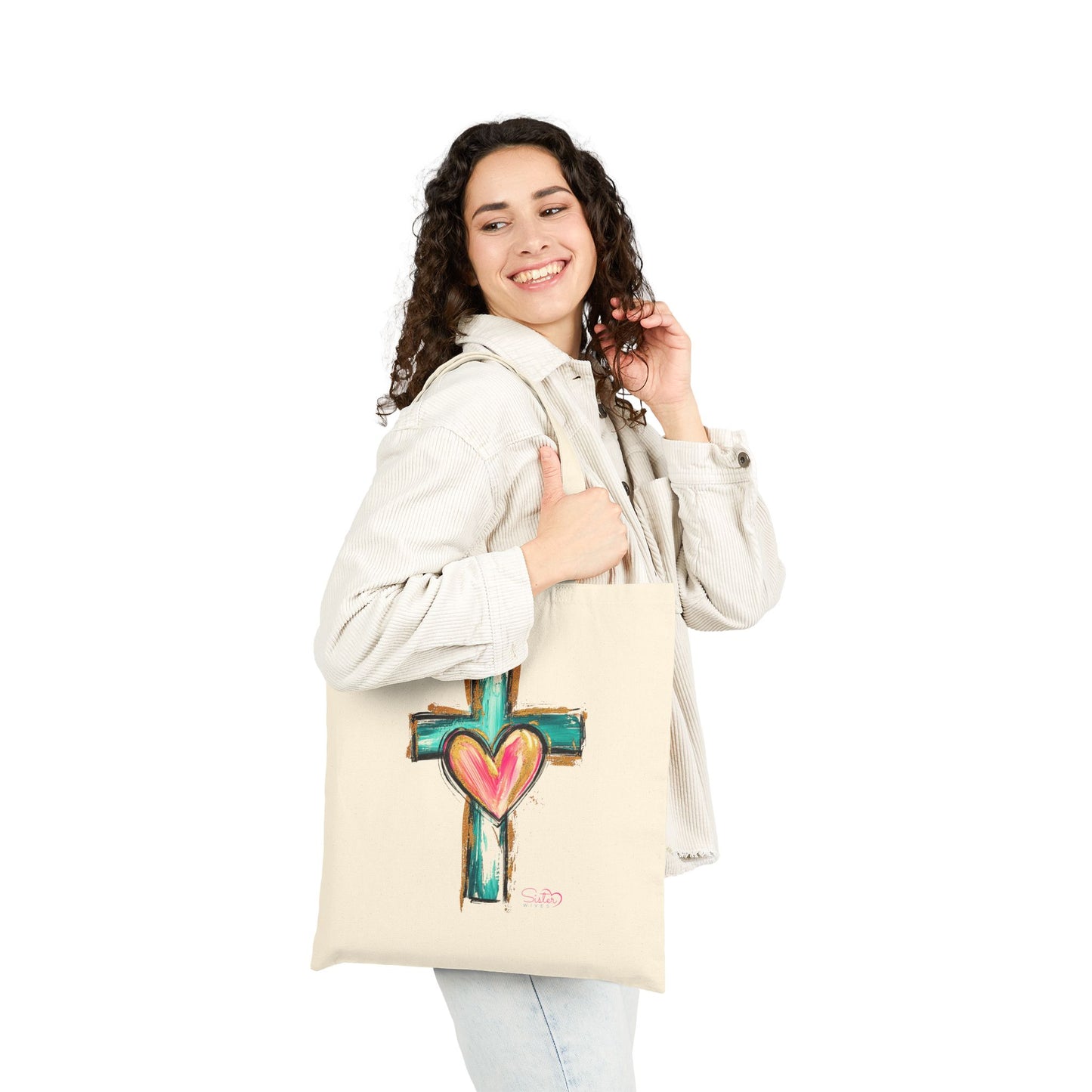 Colorful Sacred Heart Cross Canvas Tote Bag – Folk Art Faith & Love Tote | Hand-Drawn Christian Cross | Inclusive, Chosen Family Friendly Gift