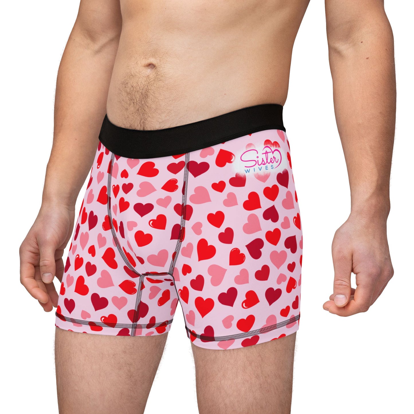 Light Pink Men’s Heart Print Boxer Briefs – Polyamory & Swinger Friendly Underwear, ENM Pride Boxers, Matching Couples & Pairs Available