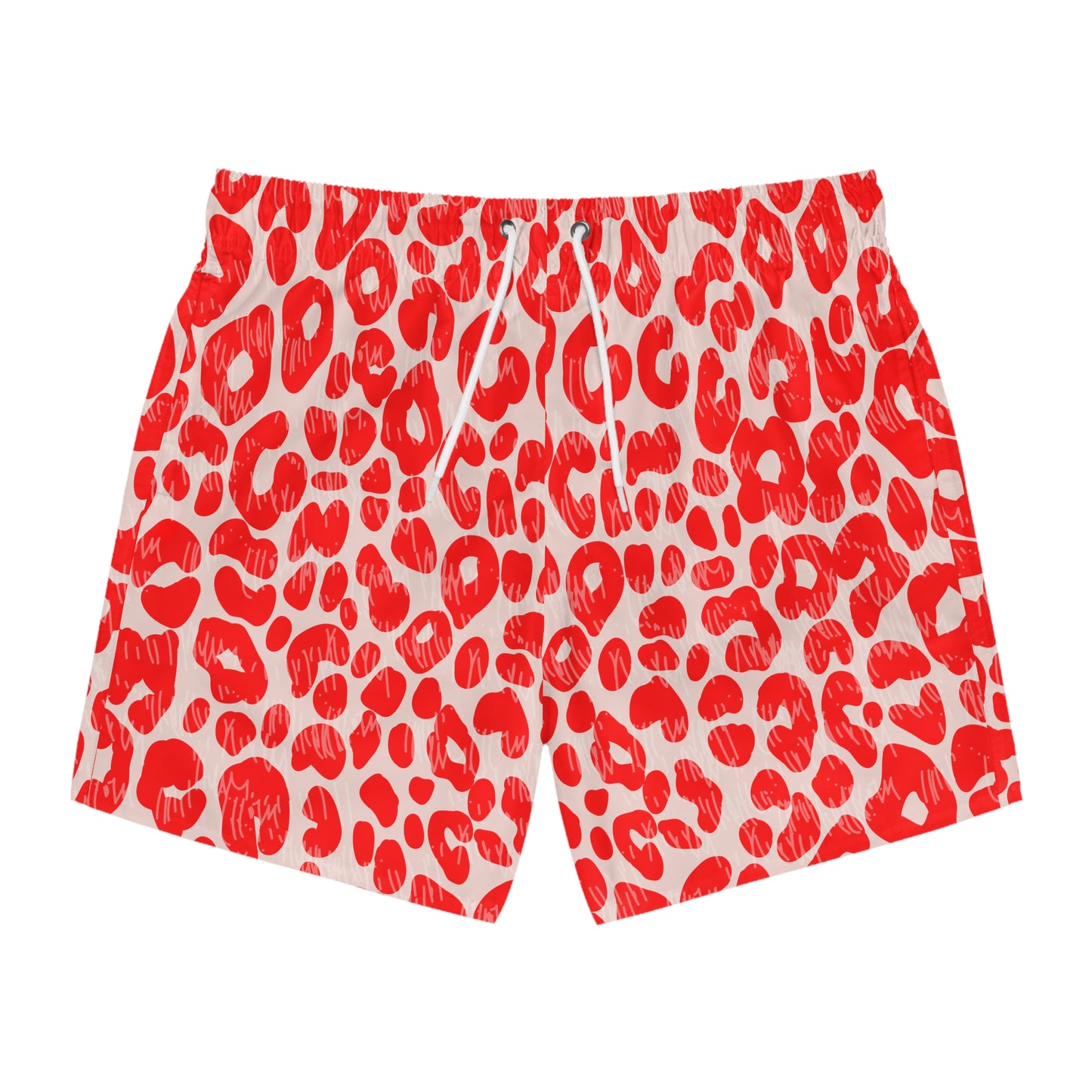 Men’s Valentine’s Leopard Heart Swim Trunks – Red Animal Print Board Shorts, Polyamory & ENM Friendly Swimwear, Fast-Dry Summer Shorts