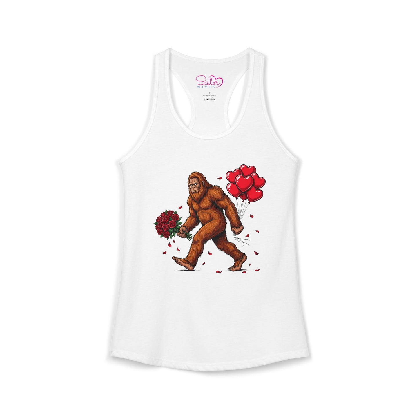 Bigfoot Valentine Racerback Tank – Sasquatch Holding Flowers Shirt | Cryptid Romance Humor | Poly & ENM Friendly Apparel