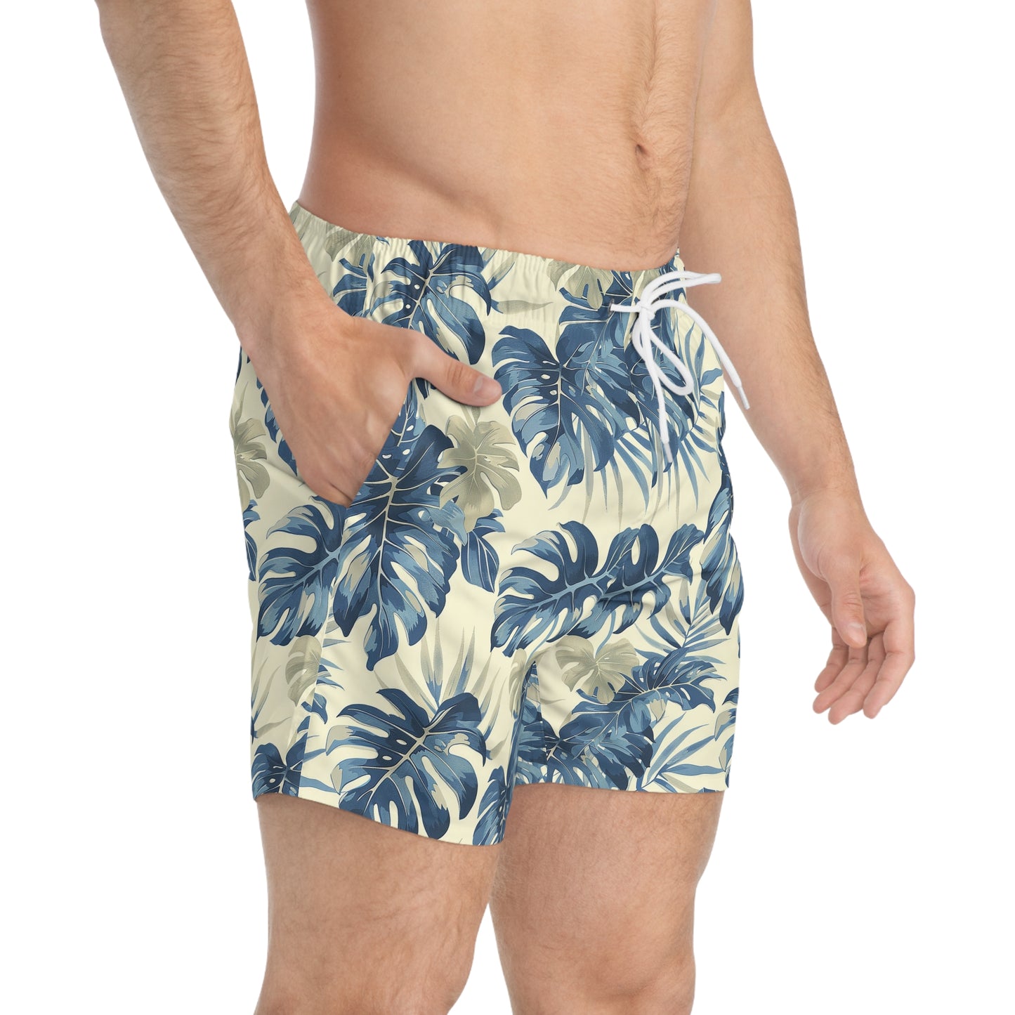 Tropical Leaf Swim Trunks for Men – Blue Palm Fast-Dry Board Shorts with Drawstring | XS–3XL Summer Swimwear