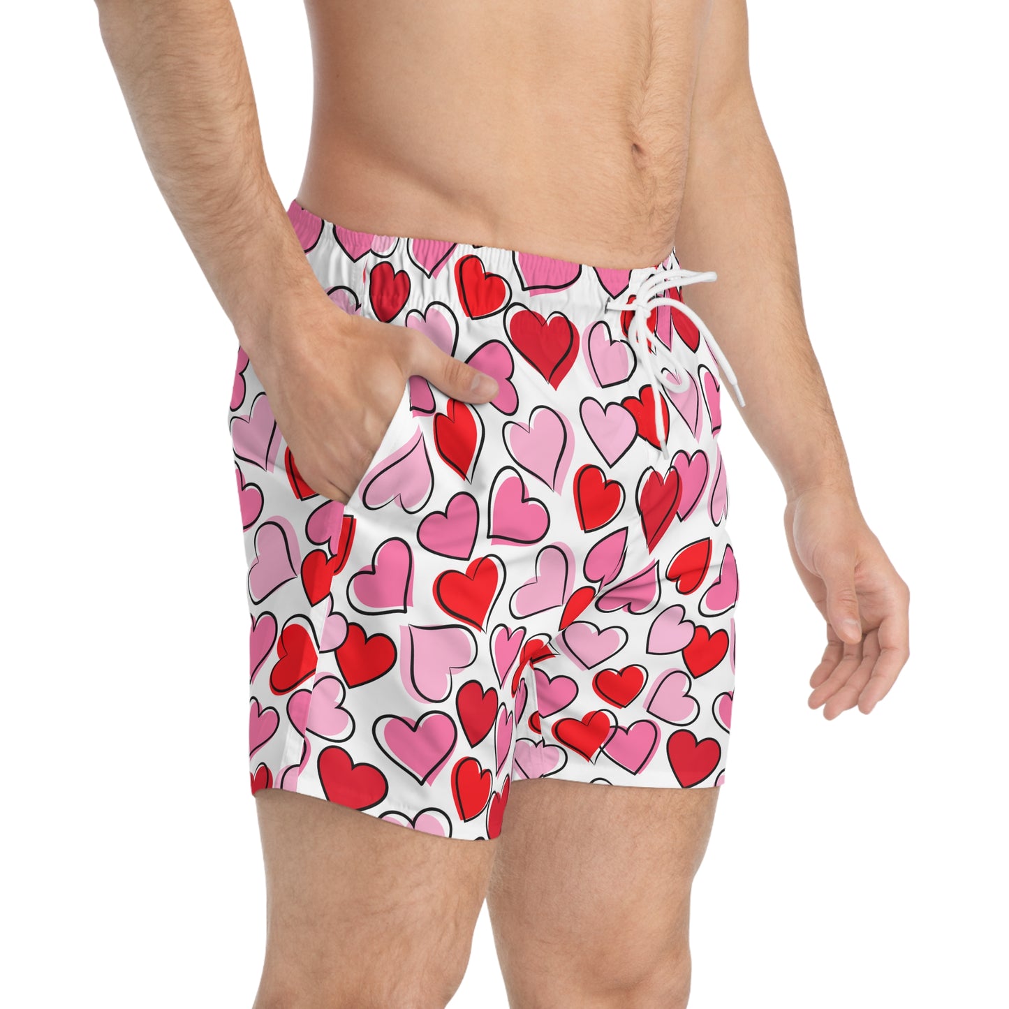 White Men’s Valentine’s Heart Swim Trunks – Red Heart Print Board Shorts, Polyamory & ENM Friendly Swimwear, Fast-Dry Summer Shorts
