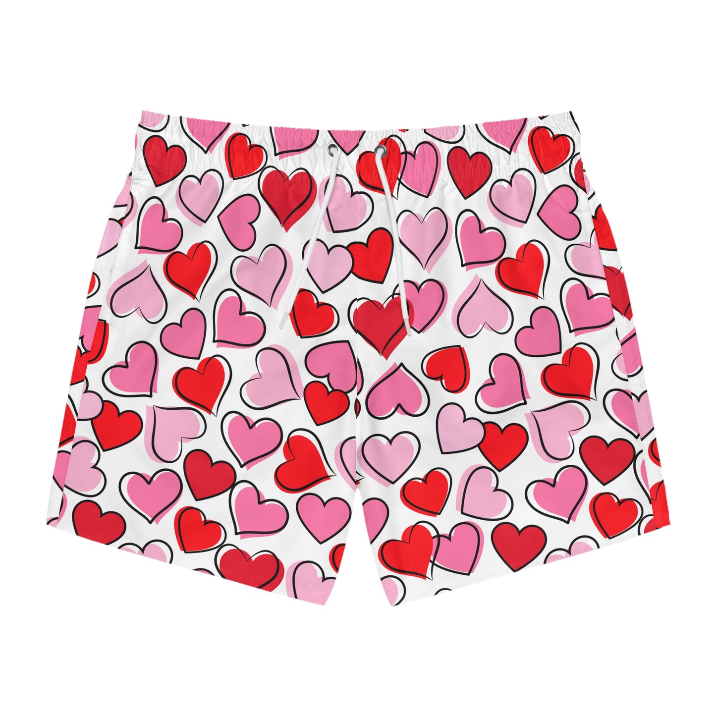 White Men’s Valentine’s Heart Swim Trunks – Red Heart Print Board Shorts, Polyamory & ENM Friendly Swimwear, Fast-Dry Summer Shorts