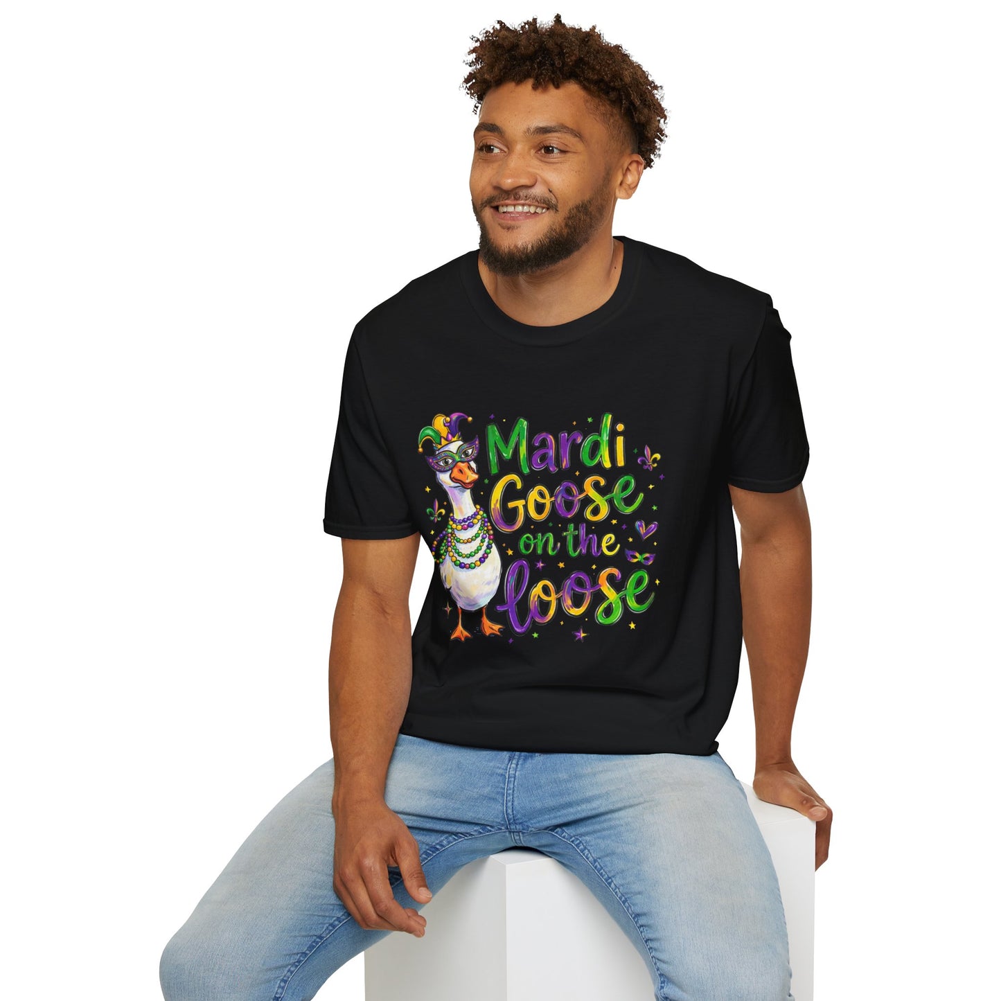 Mardi Goose on the Loose Shirt – Funny Mardi Gras Goose T-Shirt, Polyamory ENM Non-Monogamy Carnival Tee, Unisex Gildan 64000