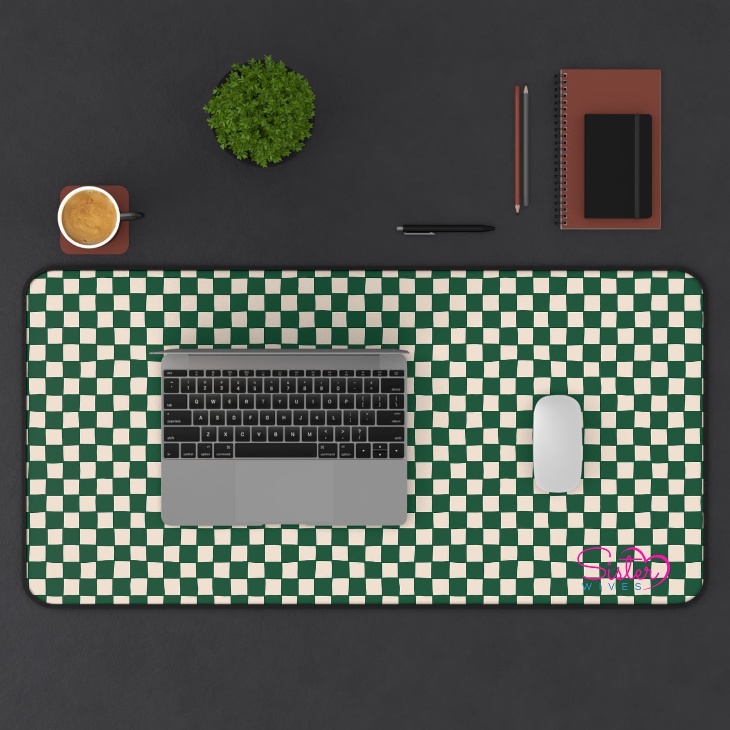 Green Checkered Desk Mat – Retro Checkerboard Mouse Pad, Neoprene Extended Desk Mat, Polyamory Friendly Office Decor, Love-Positive Workspace Accessory