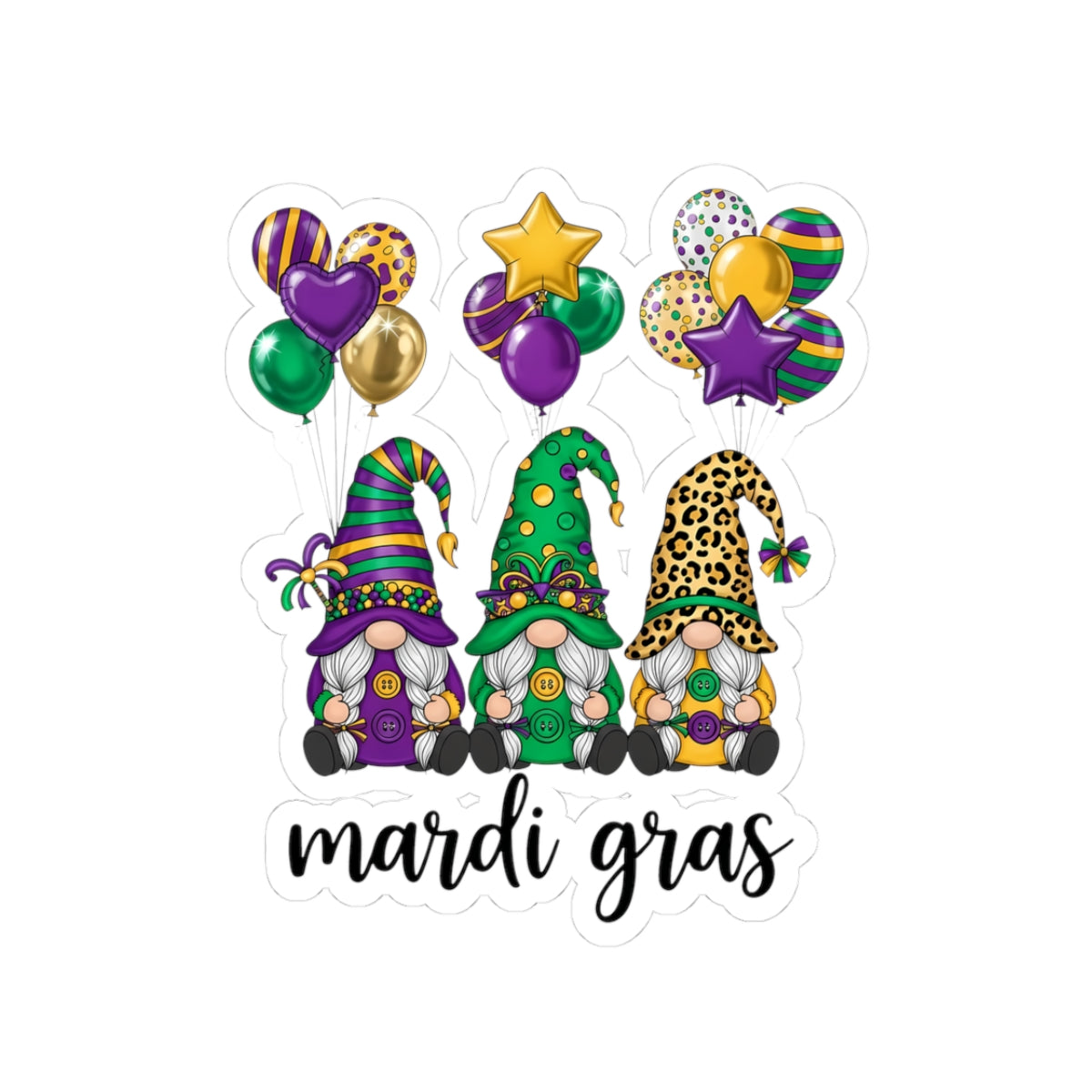 Mardi Gras Throuple Gnomes Kiss-Cut Sticker | Polyamory ENM Pride Vinyl Decal | Chosen Family Gnome Sticker | Mardi Gras Laptop Sticker