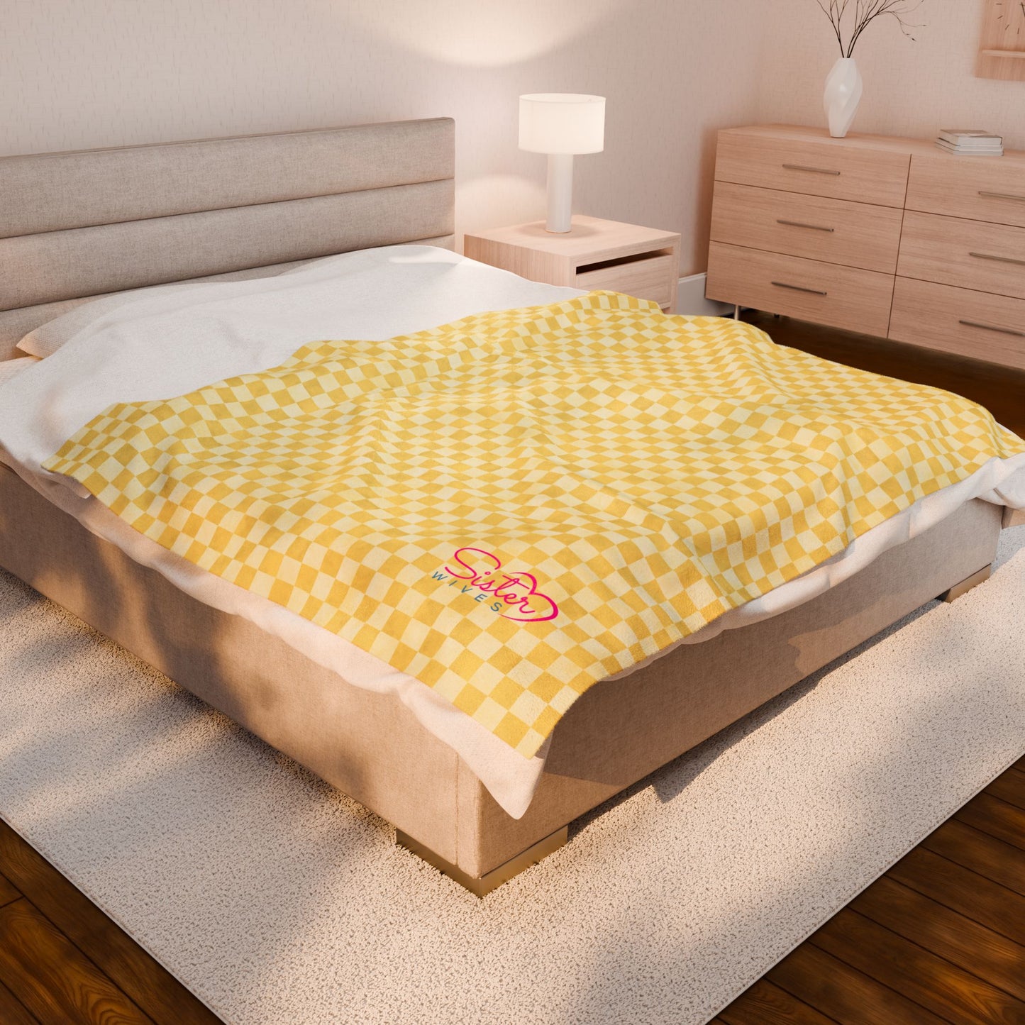 Yellow Checker Plush Blanket | Cozy Velveteen Throw | ENM & Polyamory Friendly Home Decor | Chosen Family Aesthetic Blanket