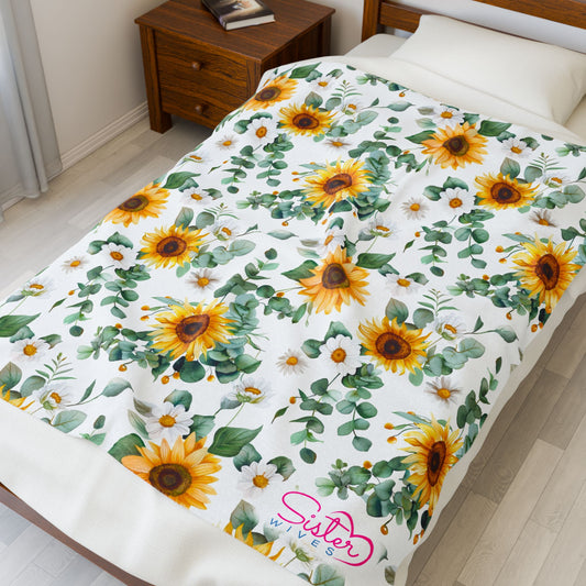 Sunflower Plush Throw Blanket – Cozy Velveteen Floral Blanket, Cottagecore Sunflower Bedding, Soft Aesthetic Gift Blanket, Bright Farmhouse Decor
