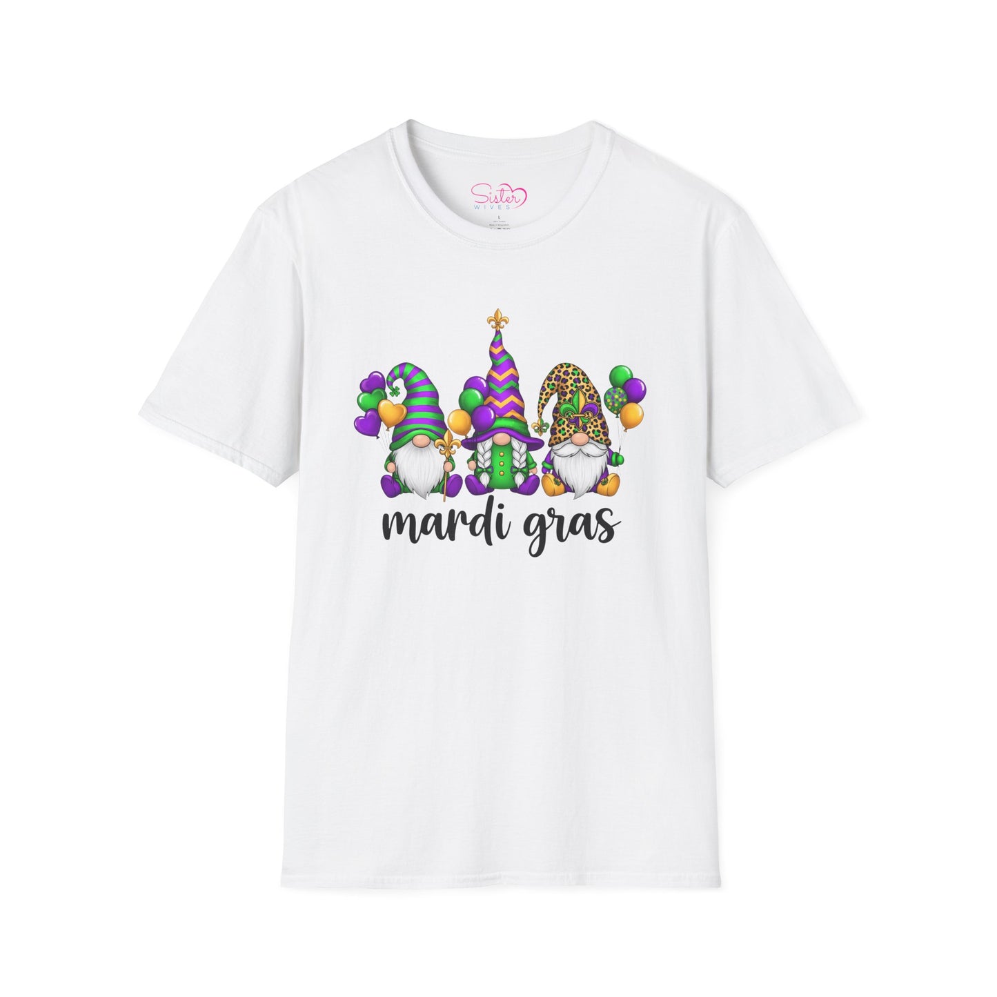 Mardi Gras Throuple Gnome T-Shirt | Polyamory ENM Pride Tee | Festive Gnome Graphic Shirt | Chosen Family Swinger Lifestyle Apparel