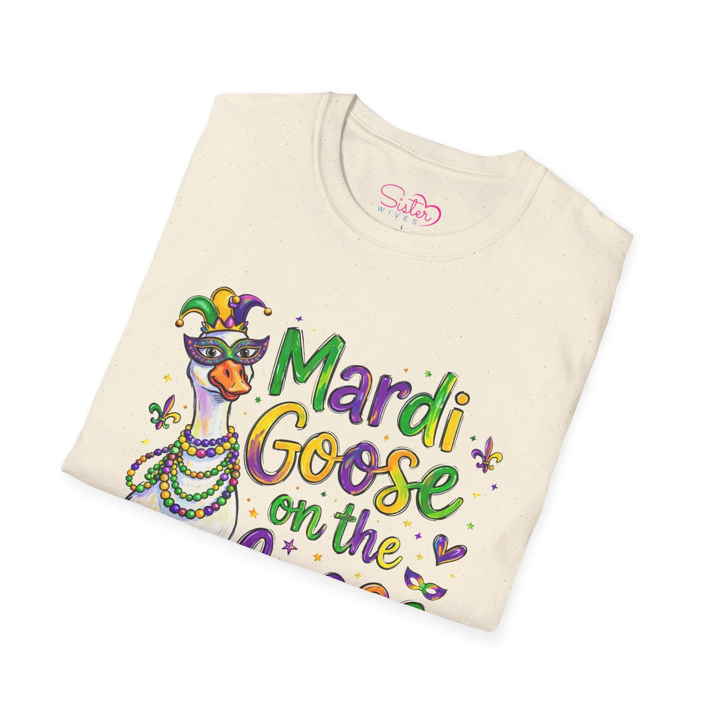 Mardi Goose on the Loose Shirt – Funny Mardi Gras Goose T-Shirt, Polyamory ENM Non-Monogamy Carnival Tee, Unisex Gildan 64000