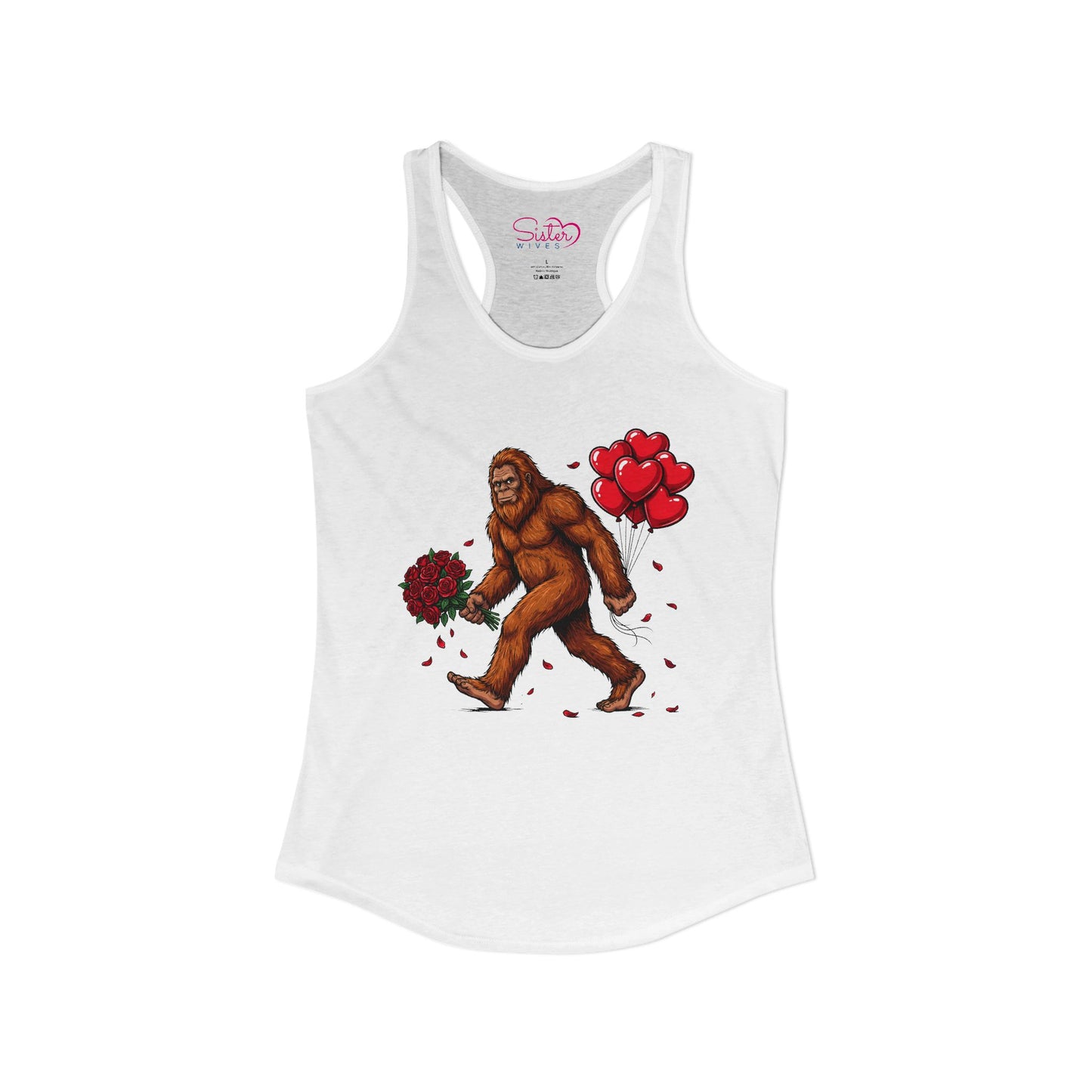 Bigfoot Valentine Racerback Tank – Sasquatch Holding Flowers Shirt | Cryptid Romance Humor | Poly & ENM Friendly Apparel