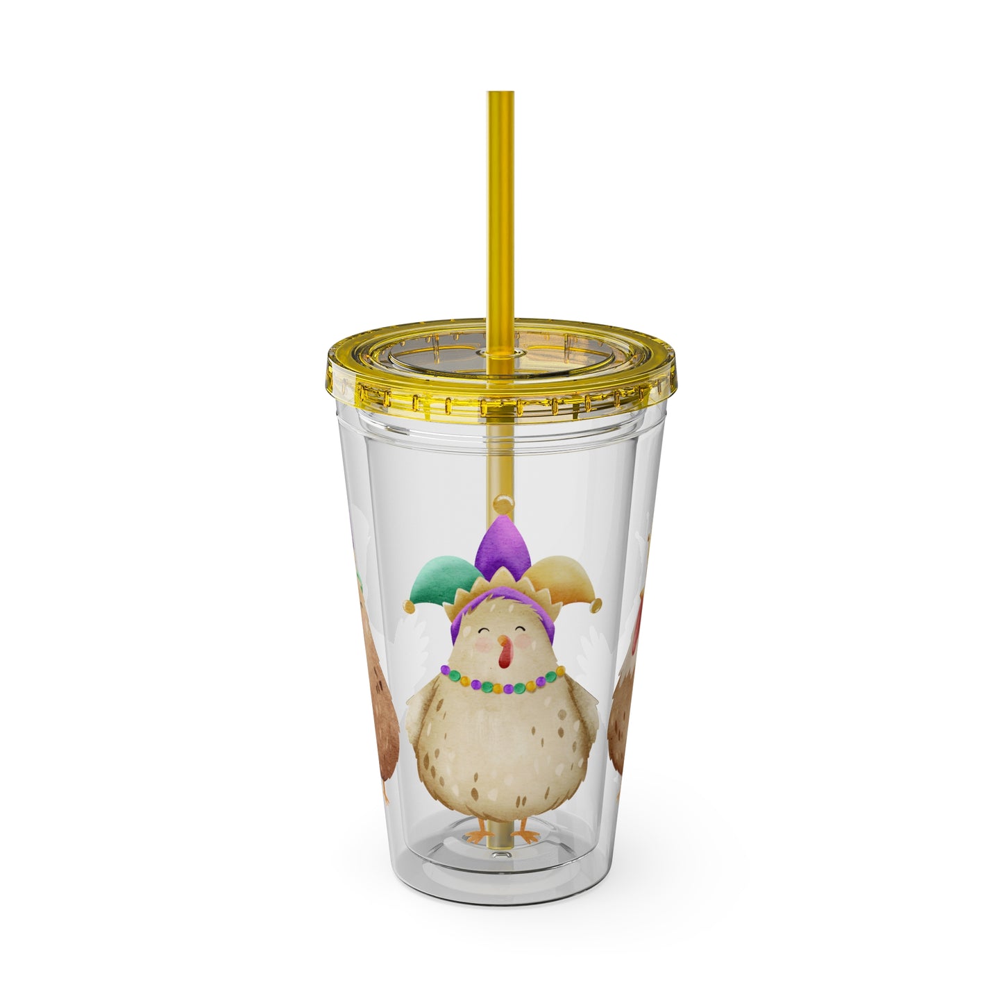 Mardi Gras Chicken 16oz Sunsplash Tumbler | Funny Farm Chicken Drink Cup | Cajun Mardi Gras Drinkware | Colorful Chicken Lover Gift | Farmhouse Humor Tumbler