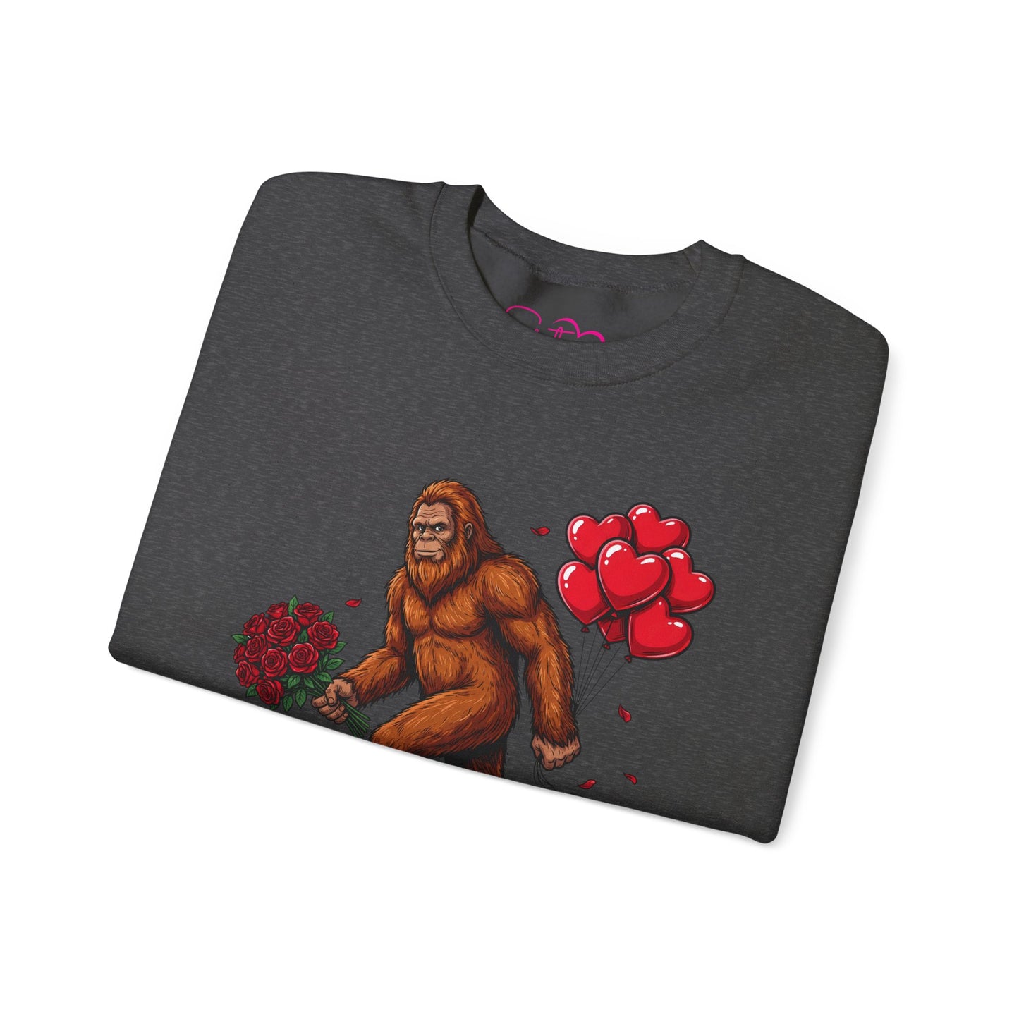 Bigfoot with Flowers Crewneck Sweatshirt | Sasquatch Valentine Pullover | Whimsical Cryptid Love Sweatshirt | Cozy Forest Aesthetic Apparel