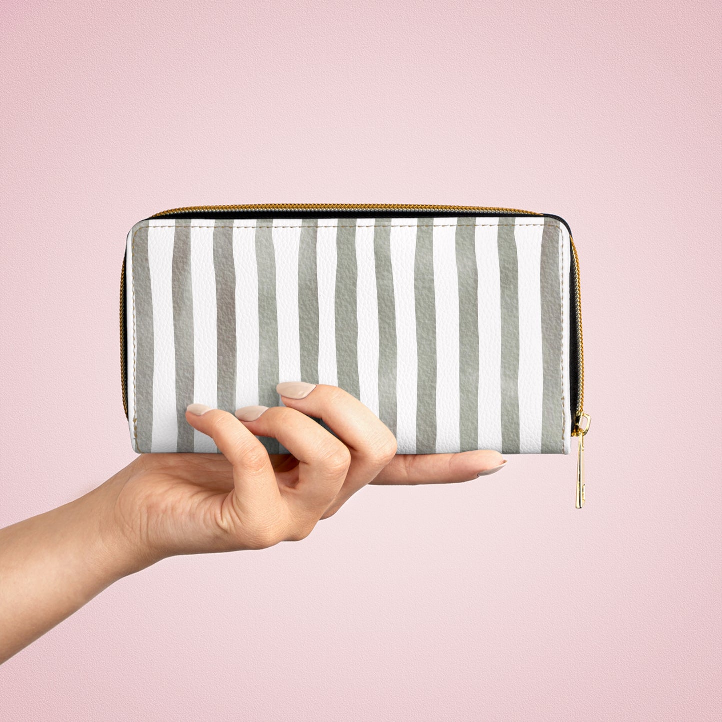 Stripe Zip Up Wallet – Polyamory Sisterwives ENM Friendly Wallet | Swinger Lifestyle Accessory | Minimalist Blush Stripe Zipper Wallet