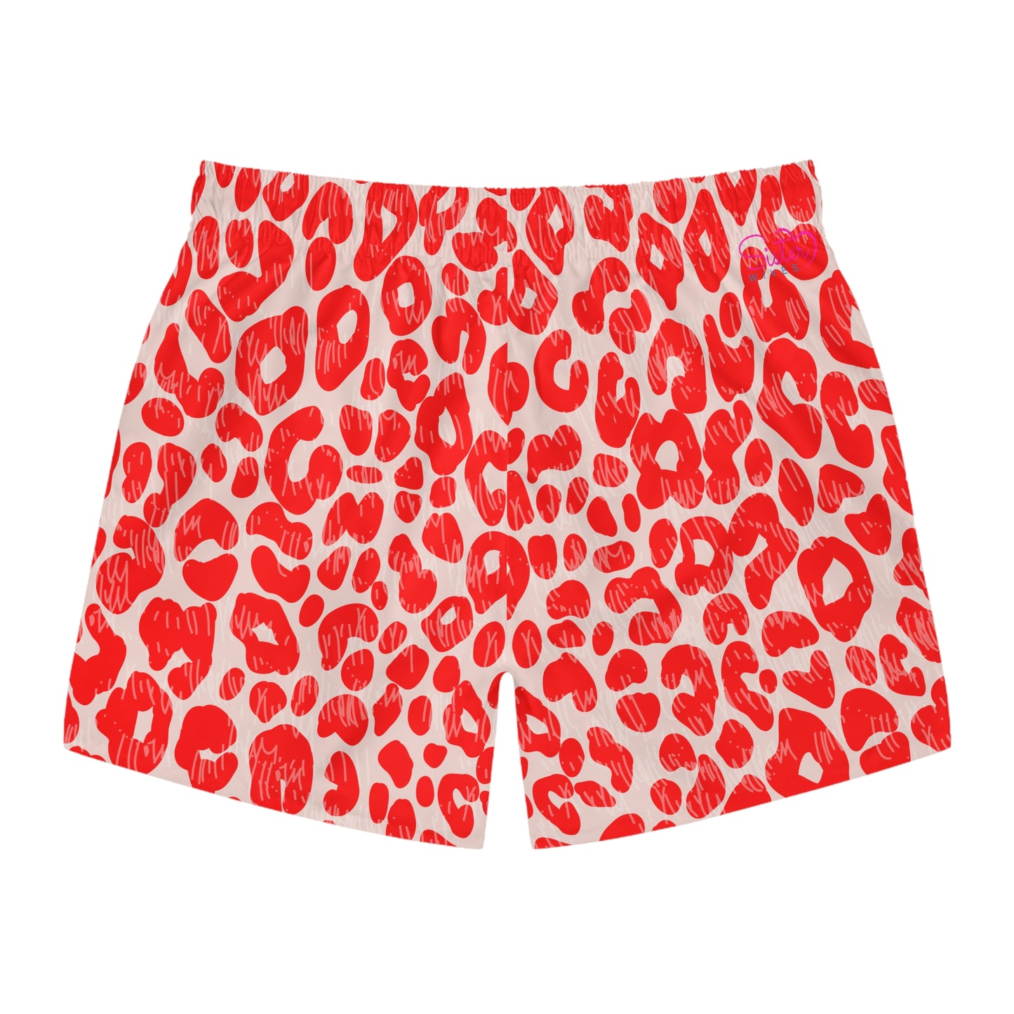 Men’s Valentine’s Leopard Heart Swim Trunks – Red Animal Print Board Shorts, Polyamory & ENM Friendly Swimwear, Fast-Dry Summer Shorts