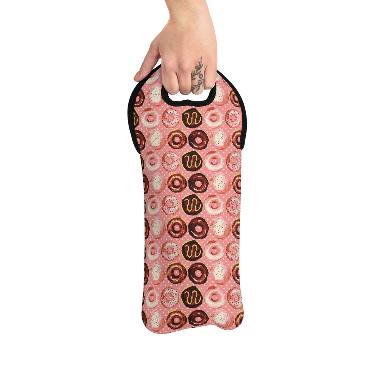 Pink Donut Wine Tote Bag | Neoprene Wine Bottle Carrier with Handle | Cute Dessert Gift for Parties