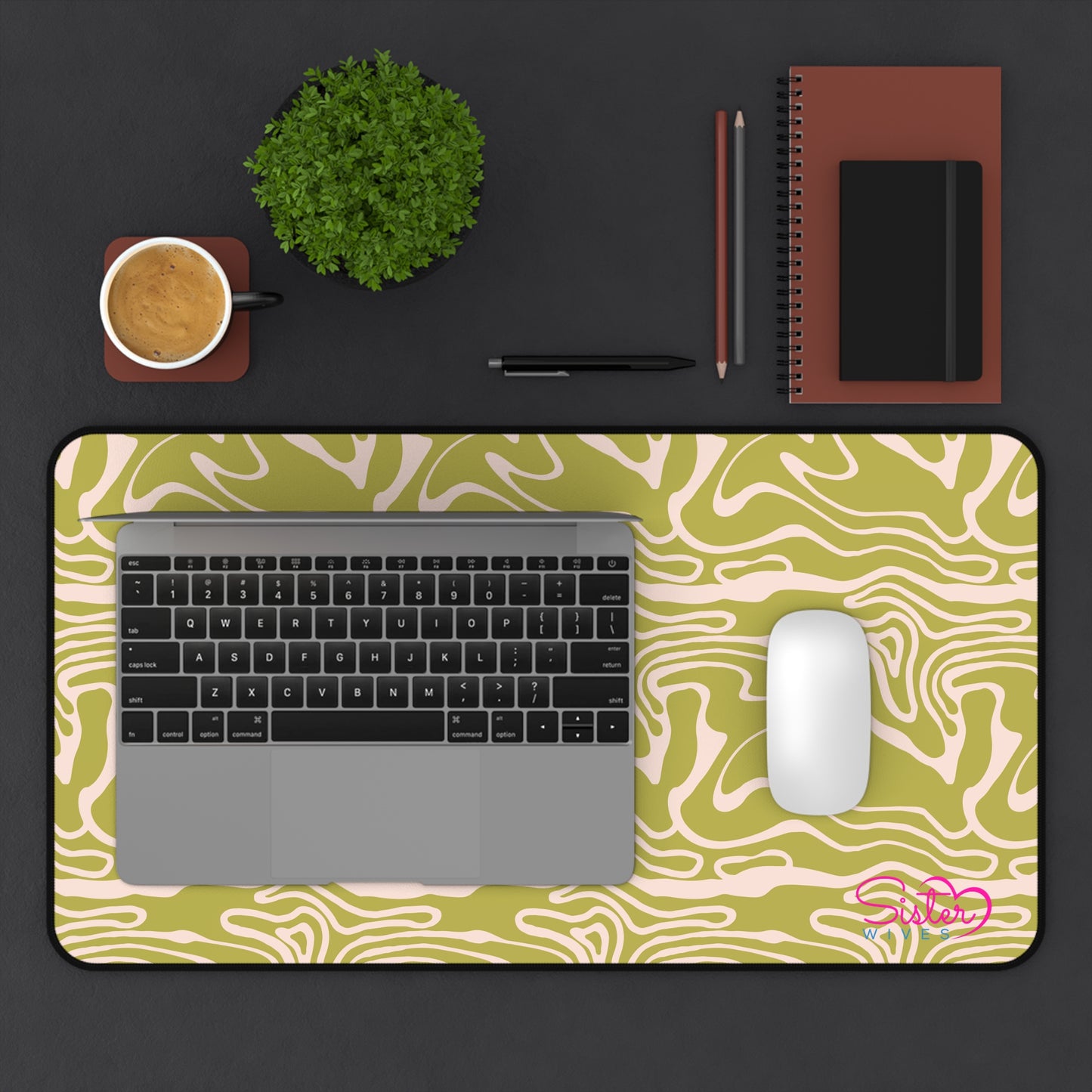 Olive Swirl Desk Mat – Retro Abstract Mouse Pad, Neoprene Extended Desk Mat, Polyamory Friendly Office Decor, Love-Positive Workspace Accessory