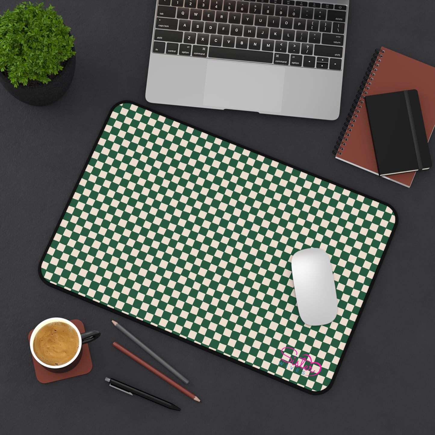 Green Checkered Desk Mat – Retro Checkerboard Mouse Pad, Neoprene Extended Desk Mat, Polyamory Friendly Office Decor, Love-Positive Workspace Accessory