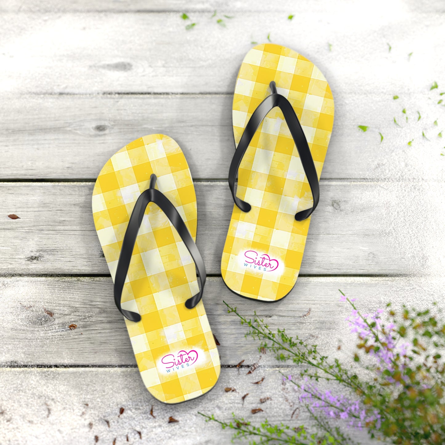 Cute Yellow Gingham Flip Flops for Women | Ethical Non Monogamy Lifestyle Summer Sandals