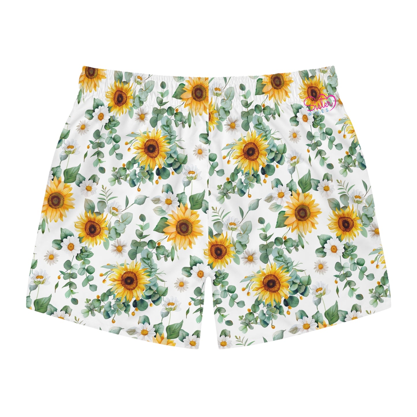 Men’s Sunflower & Daisy Swim Trunks – Bright Floral Summer Swim Shorts, ENM Polyamory Friendly Beach Board Shorts, Fast-Dry