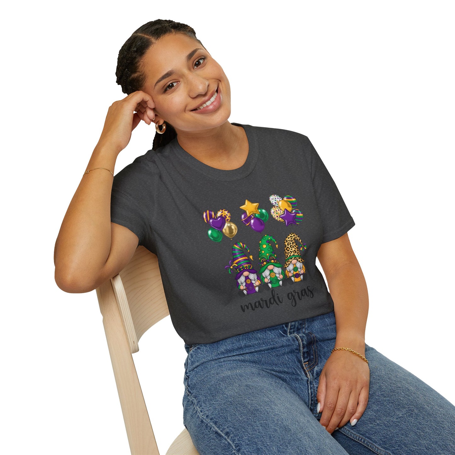 Mardi Gras Throuple Gnome T-Shirt | Polyamory ENM Pride Tee | Festive Gnome Graphic Shirt | Chosen Family Swinger Lifestyle Apparel