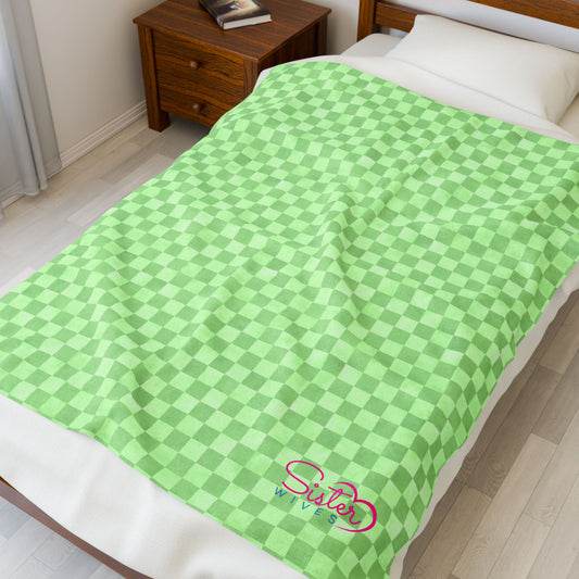 Green Checker Plush Blanket | Cozy Velveteen Throw | Polyamory & ENM Friendly Home Decor | Chosen Family Aesthetic Blanket