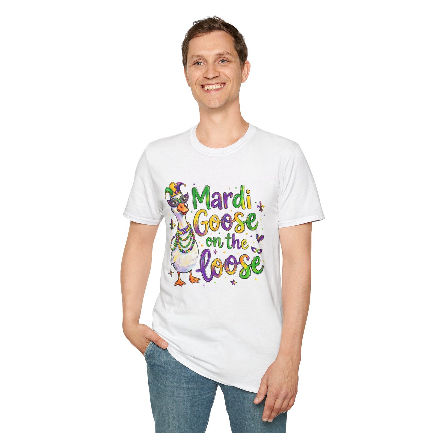 Mardi Goose on the Loose Shirt – Funny Mardi Gras Goose T-Shirt, Polyamory ENM Non-Monogamy Carnival Tee, Unisex Gildan 64000