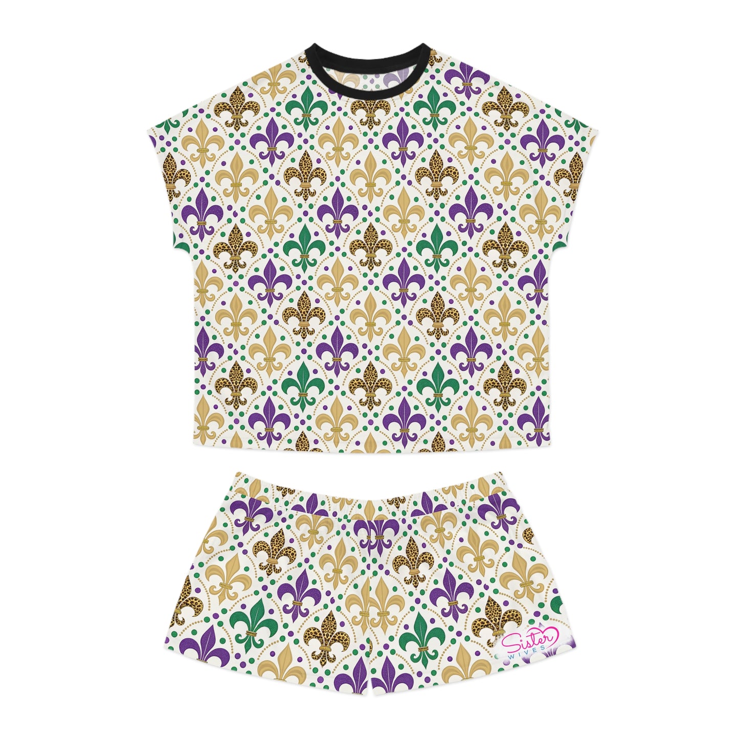 Mardi Gras Leopard Print Pajama Set – Animal Print Short Sleeve Sleepwear, Polyamory Friendly ENM Lounge Set, Bold Festival Pajamas
