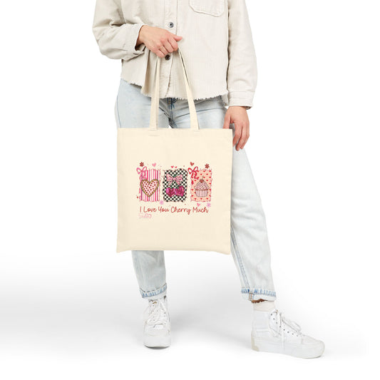 “I Love You Cherry Much” Canvas Tote Bag – Cute Valentine Aesthetic Tote | Cherries, Hearts & Cupcake | Gift for Partner, Chosen Family, Poly & ENM Friendly