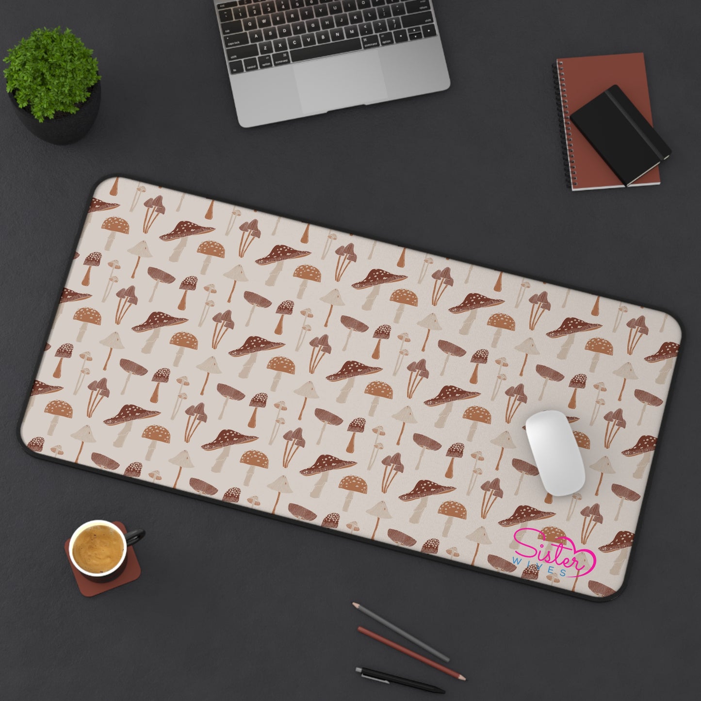 Brown Mushroom Desk Mat – Aesthetic Office Mouse Pad, Neoprene Extended Desk Mat, Polyamory Friendly Workspace Decor, Love-Positive Home Office Accessory