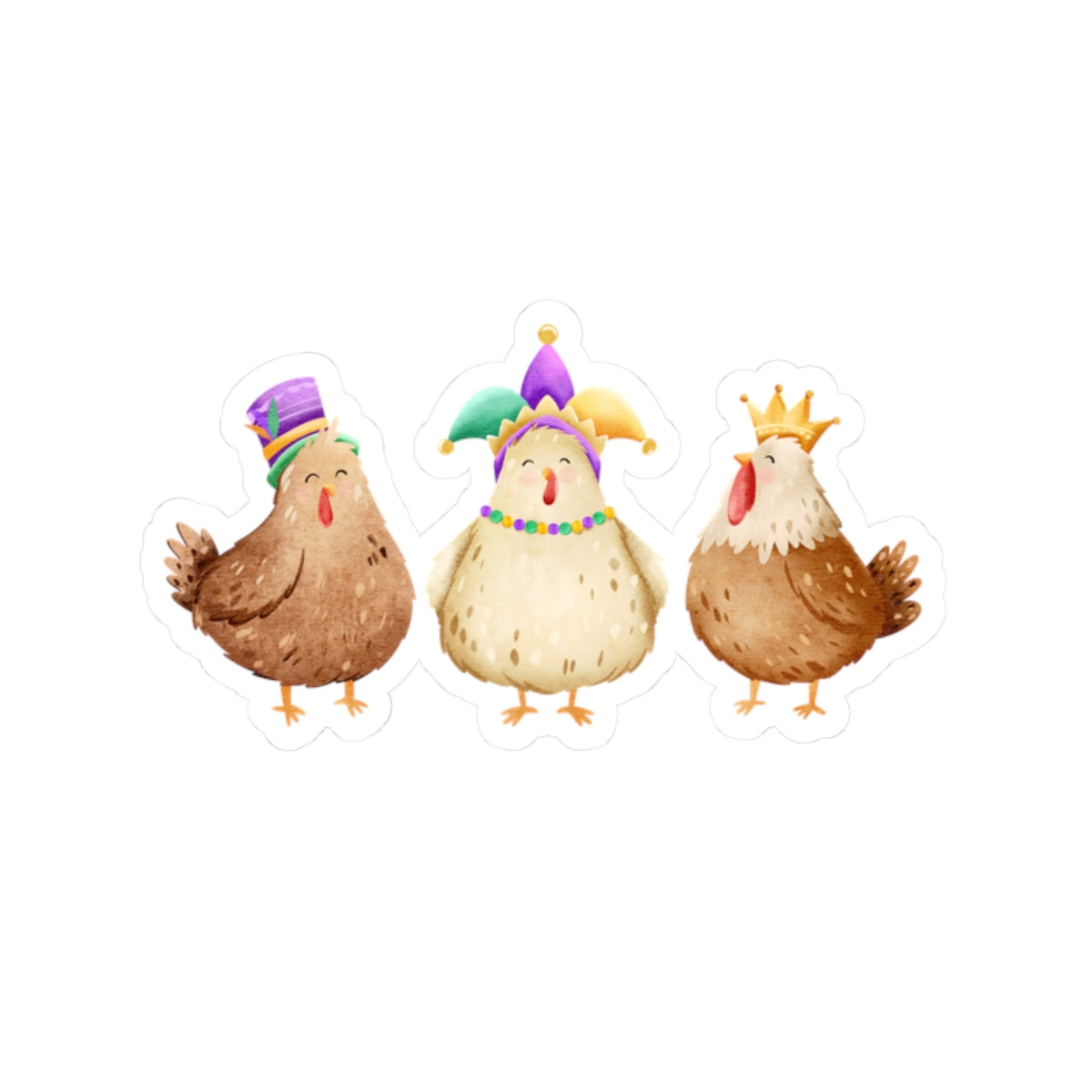 Throuple Mardi Gras Chickens Kiss‑Cut Sticker | Polyamory ENM Pride Decal | Chosen Family Laptop Sticker