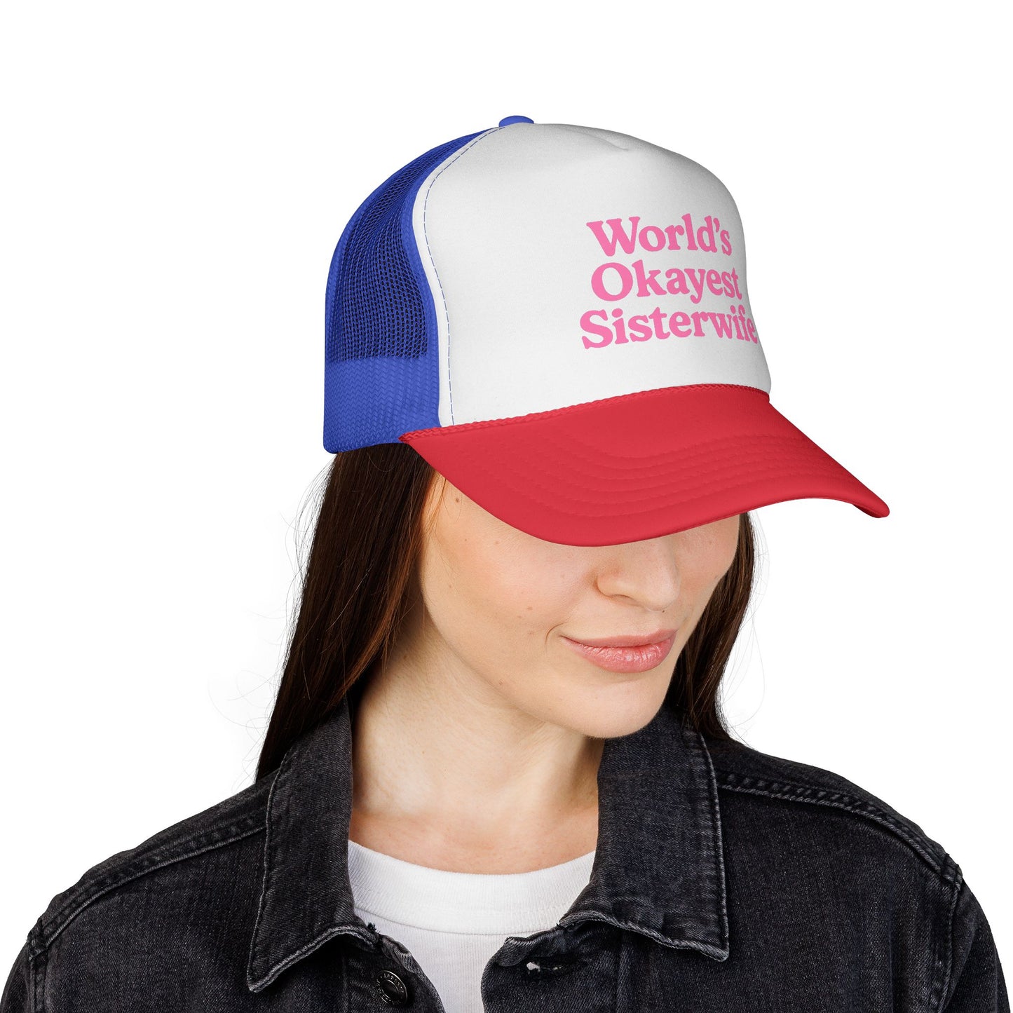 World's Okayest Sisterwife Trucker Cap, Funny Gift for Sisters, Unique Headwear for Events, Casual Style, Best for Family Gatherings