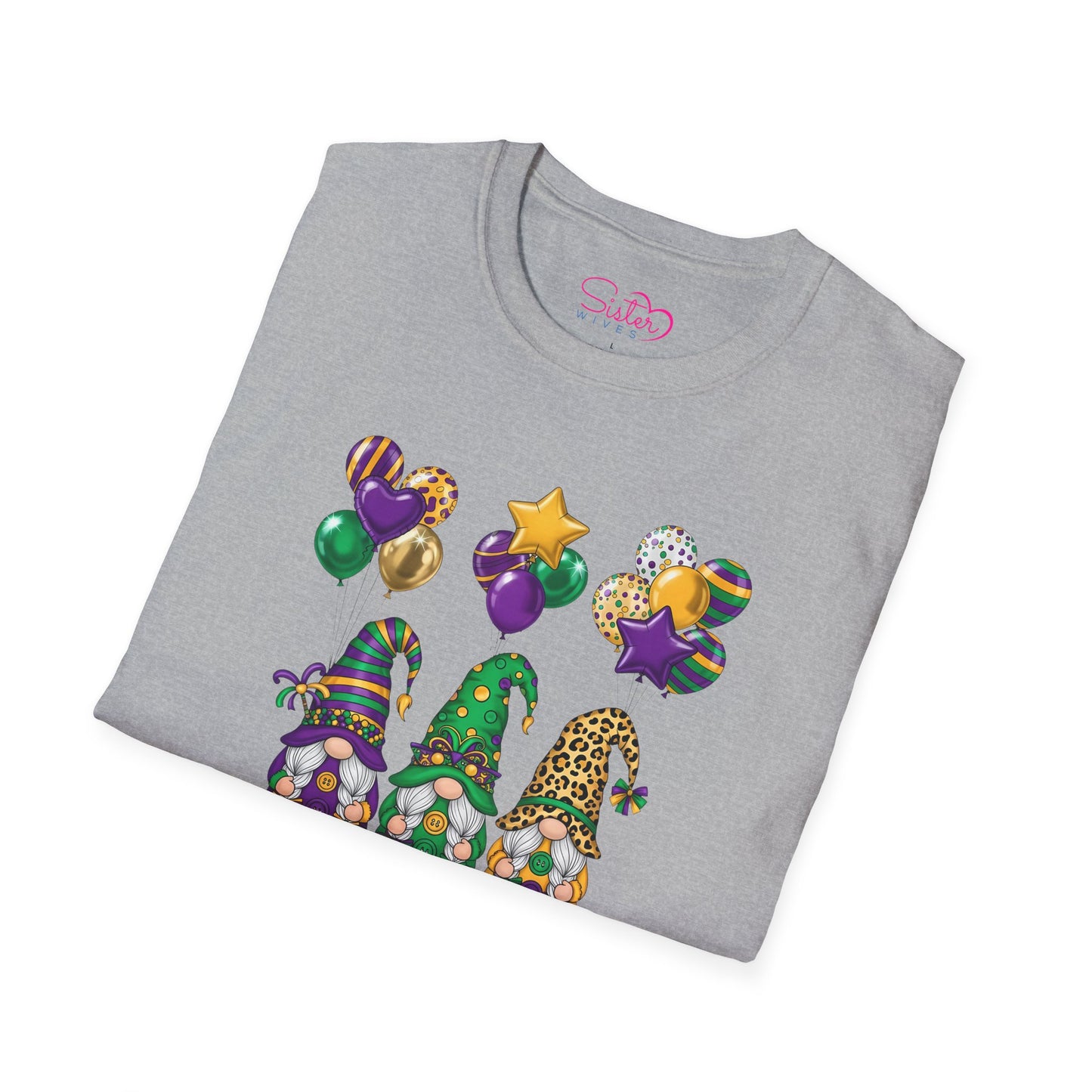 Mardi Gras Throuple Gnome T-Shirt | Polyamory ENM Pride Tee | Festive Gnome Graphic Shirt | Chosen Family Swinger Lifestyle Apparel