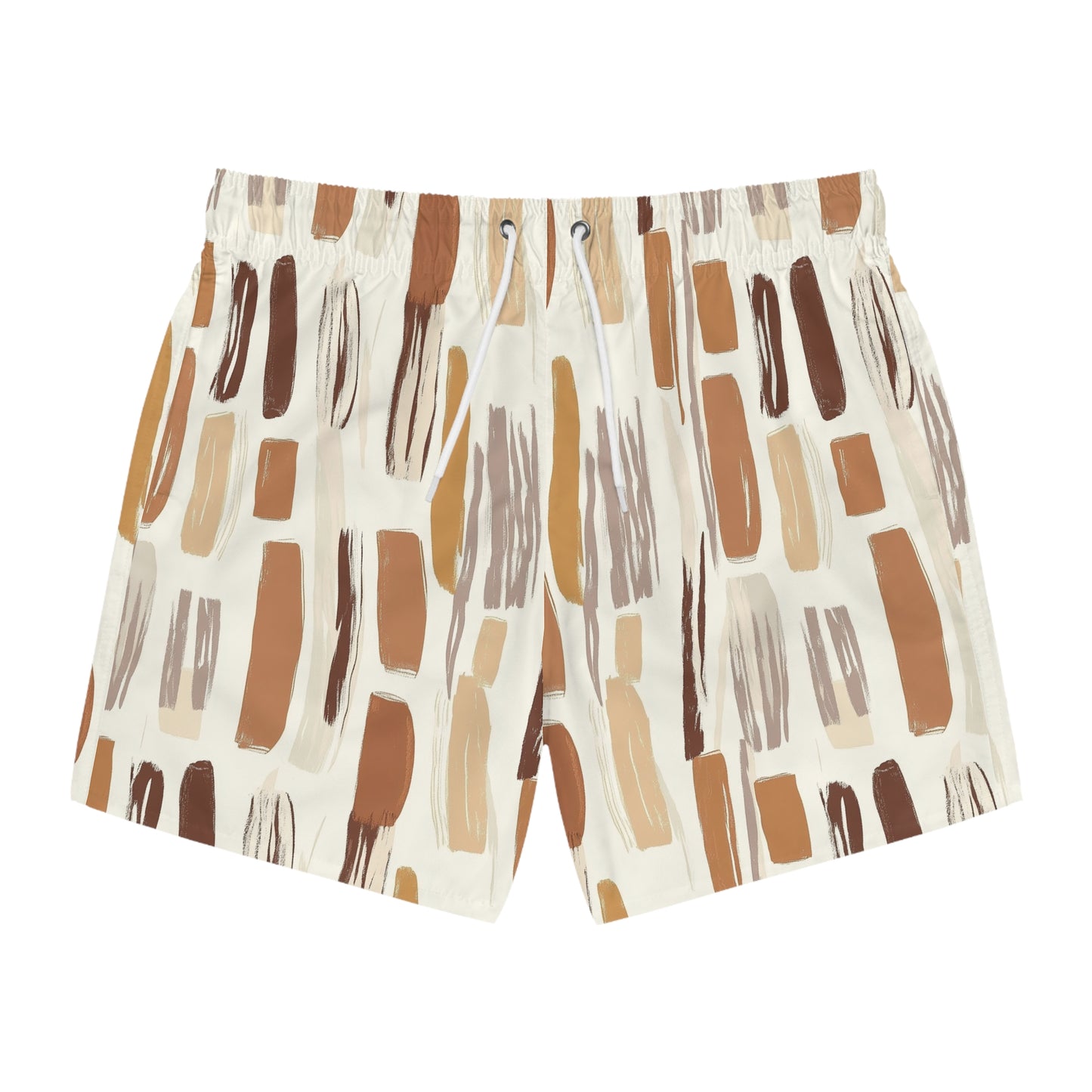 Men’s Boho Abstract Swim Trunks – Neutral Earth Tone Boardshorts | Modern Minimalist Swimwear | Fast-Dry Men’s Swim Shorts