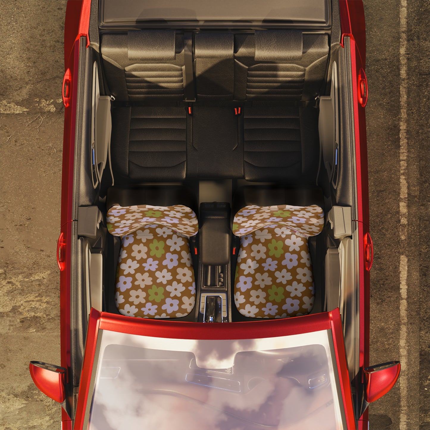 Retro Floral Car Seat Covers | 70s Flower Power Auto Decor | Neutral Boho Daisy Seat Covers | Polyamory & ENM Friendly