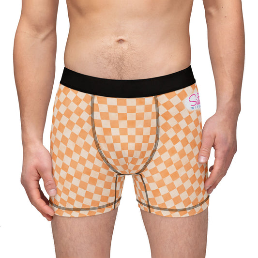 Orange Checker Men’s Boxer Briefs | Aesthetic Stretch Underwear | ENM & Polyamory Friendly Loungewear