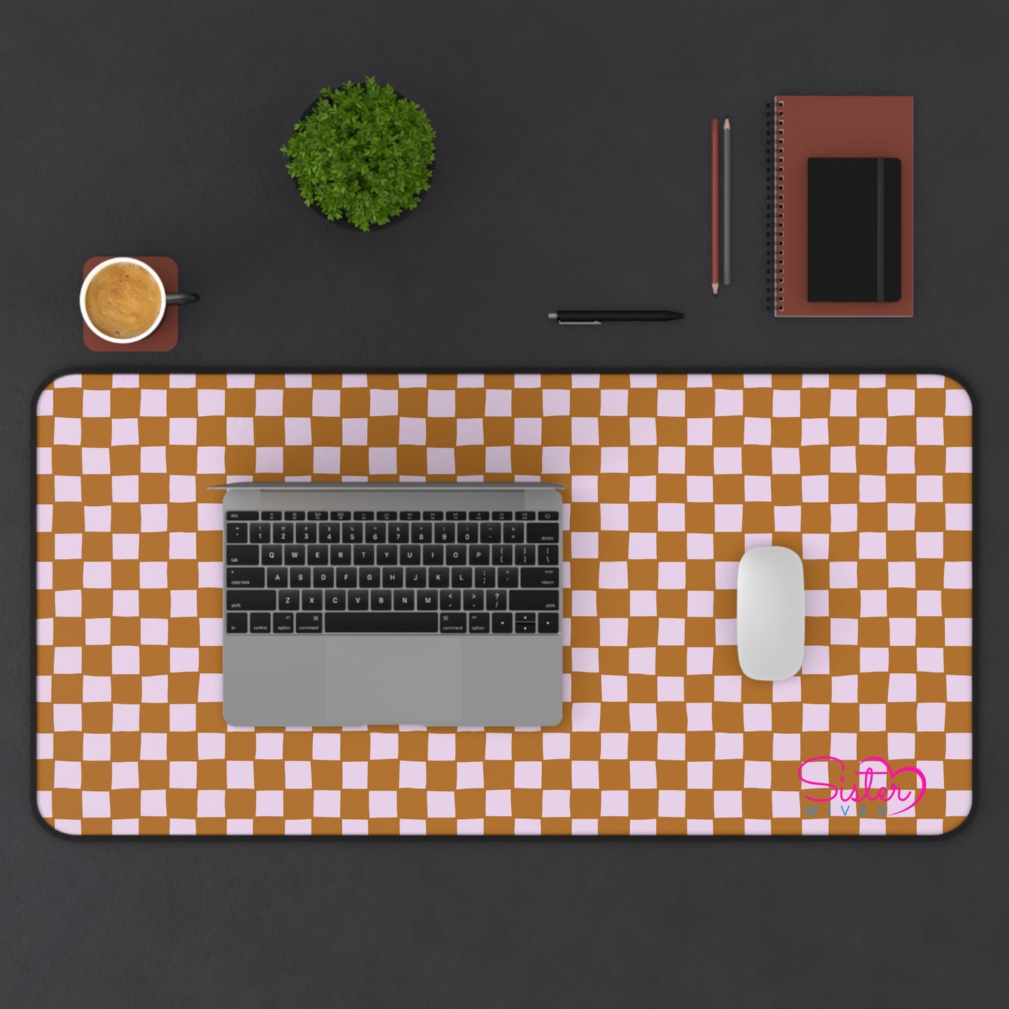 Brown Checkered Desk Mat – Retro Checkerboard Mouse Pad, Neoprene Extended Desk Mat, Polyamory Friendly Office Decor, Love-Positive Workspace Accessory
