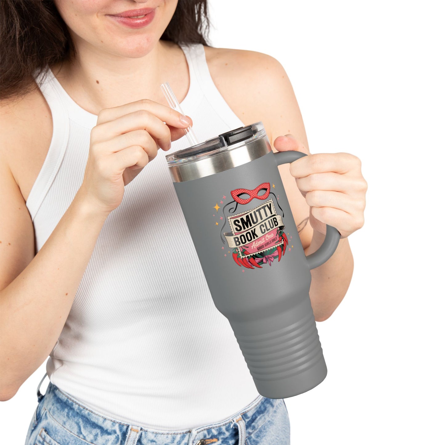 Smutty Book Club 40oz Insulated Travel Mug – Admit One Romance Reader Tumbler with Straw | Funny Spicy Booktok Cup