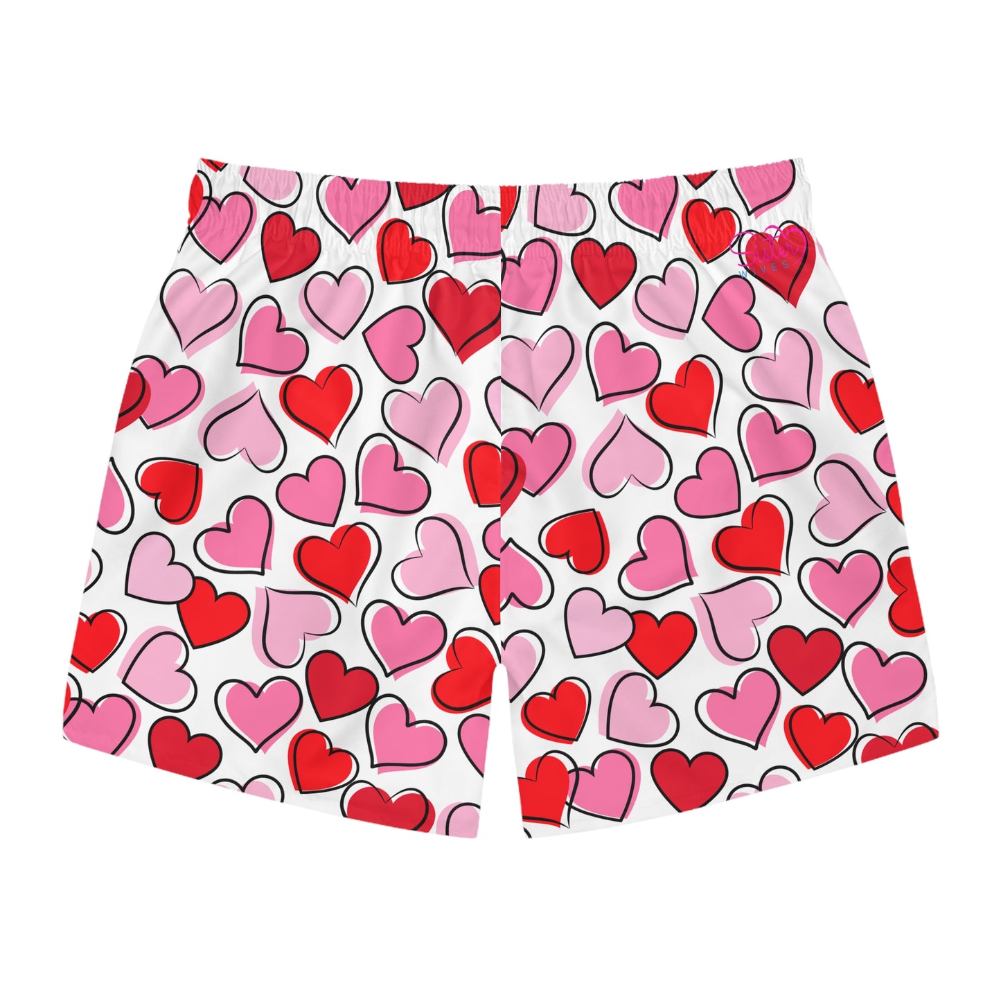White Men’s Valentine’s Heart Swim Trunks – Red Heart Print Board Shorts, Polyamory & ENM Friendly Swimwear, Fast-Dry Summer Shorts